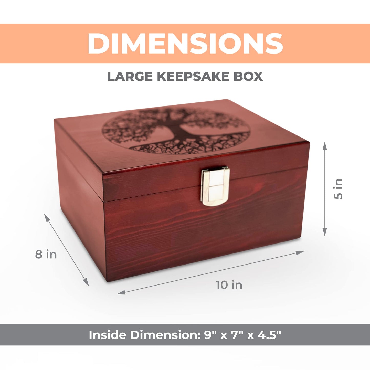 Blake & Lake Tree of Life Large Wooden Decorative Box - Wooden Keepsake Box with Hinged Lid and Metal Latch Wood Storage Boxes with Lid Engraved Design (Dark Pine Wood)