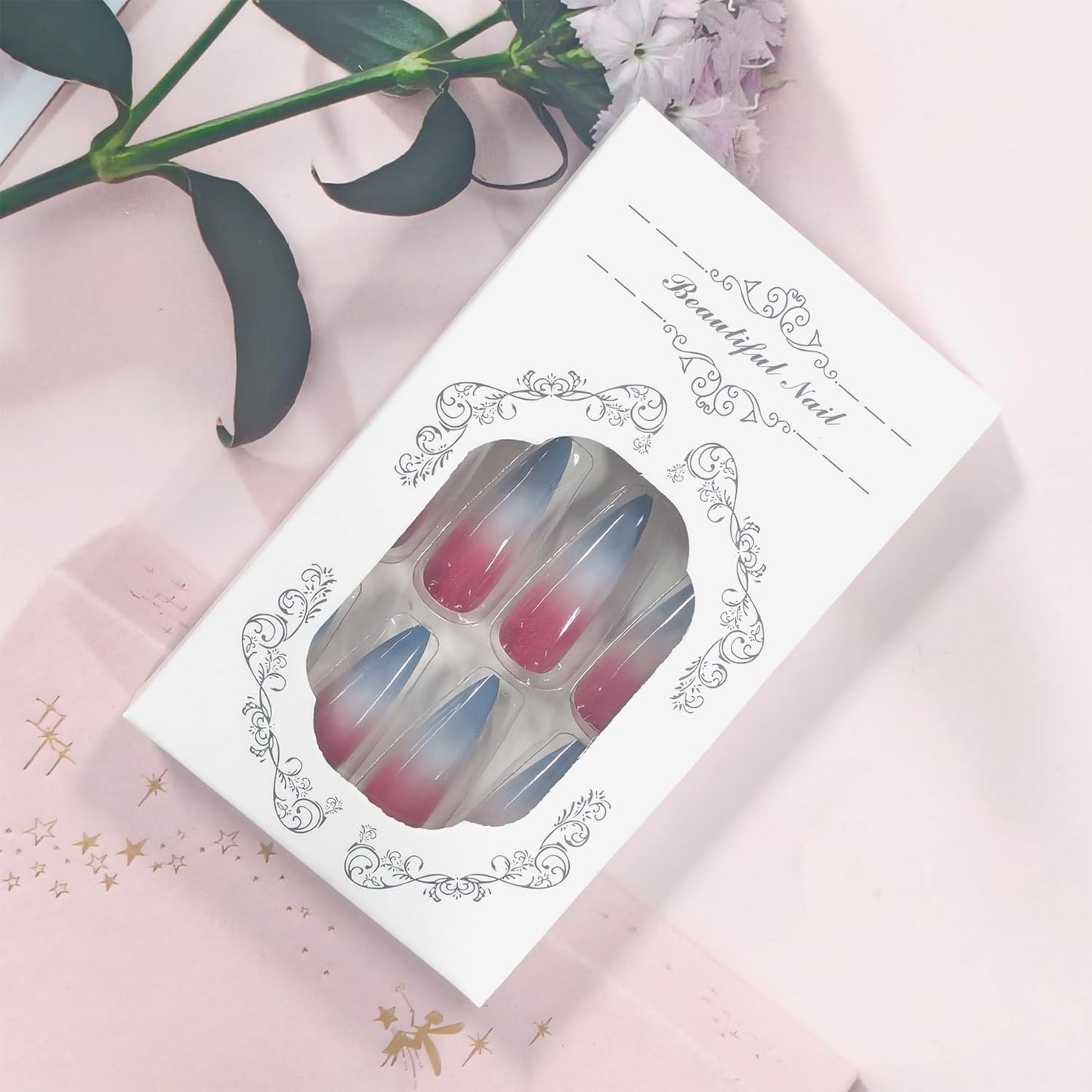 Solid Color Press on Nails Extra Long Artificial Acrylic Gradient Blending Blue Red False Nails with Design Almond Full Cover Glossy Reusable Stick on Nail Artificial Fingernails for Women Manicure