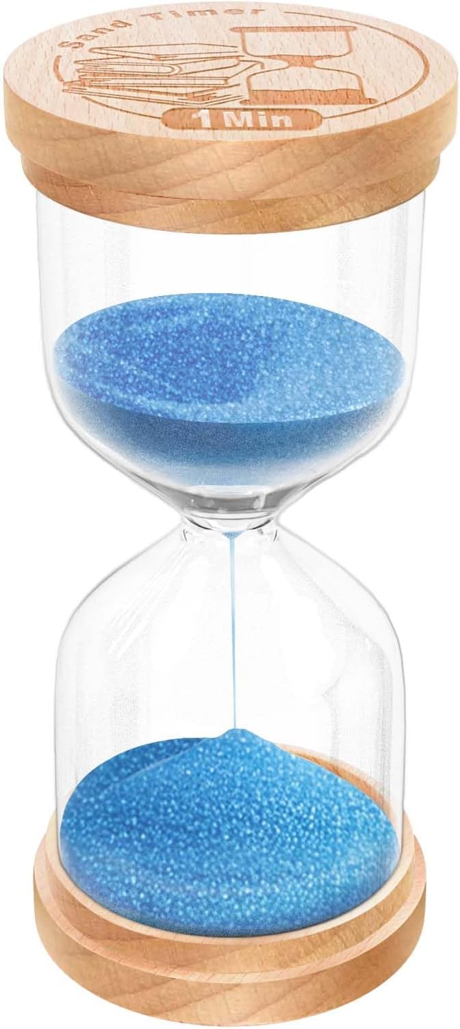 1 Minute Sand Timer, Wooden Hourglass Sand Clock, Small Beech Wood Blue 1 Min Hour Glass, One Minutes Sandglass for Brushing Teeth, Reloj De Arena, Classroom, Game, Kitchen, Home, Office