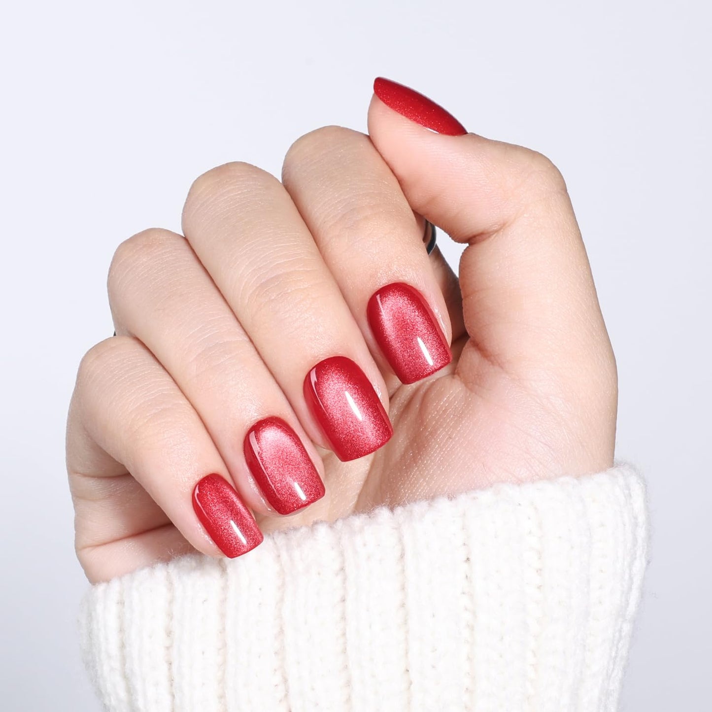 Leefrei Red Cat Eye Press On Nails - Short Square Press on Nails Crimson Nails Press Ons for Women Glossy Fake Nails Kit with Glue, DIY Glue on Nails Short in 15 Sizes - 30pcs, Velvet Red