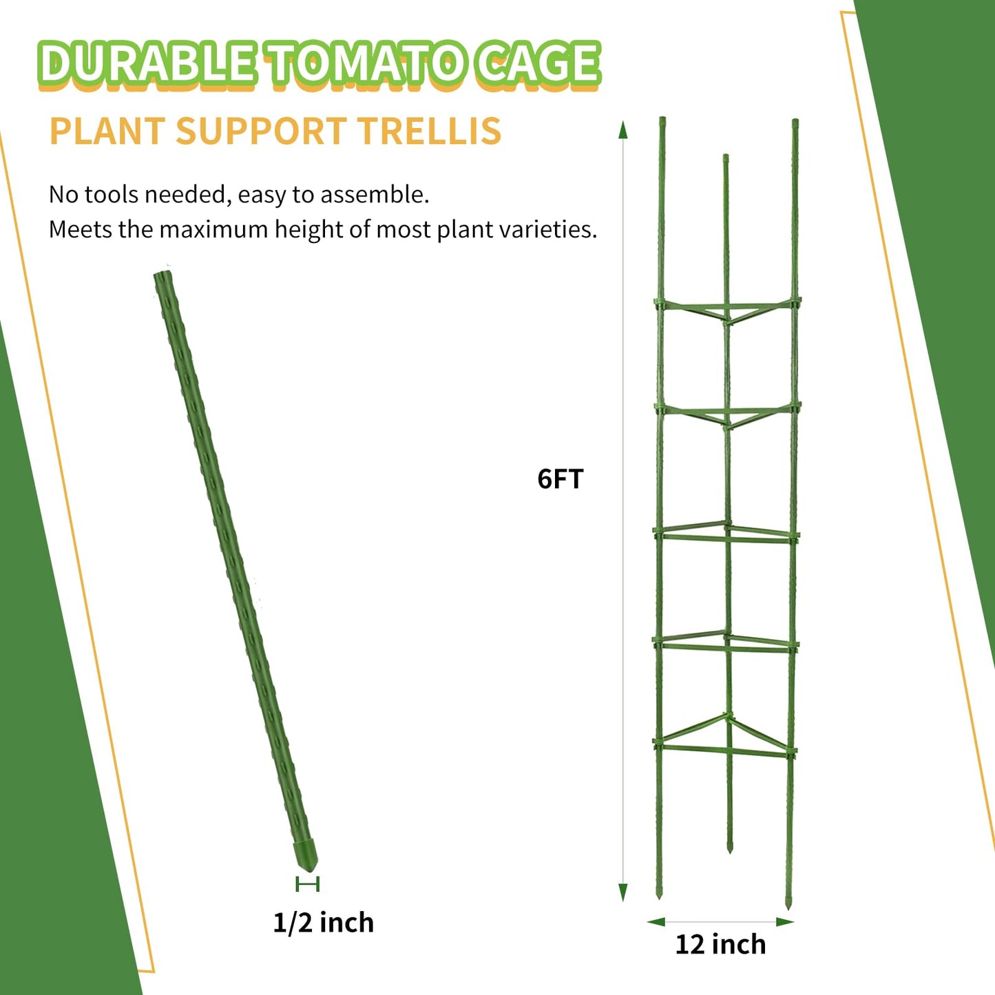 G-LEAF 6 Pack 6ft Tomato Cage for Garden Plant Support, Garden Stakes Tomato Cage, Tomato Cages Plant Stakes for Climbing Plants