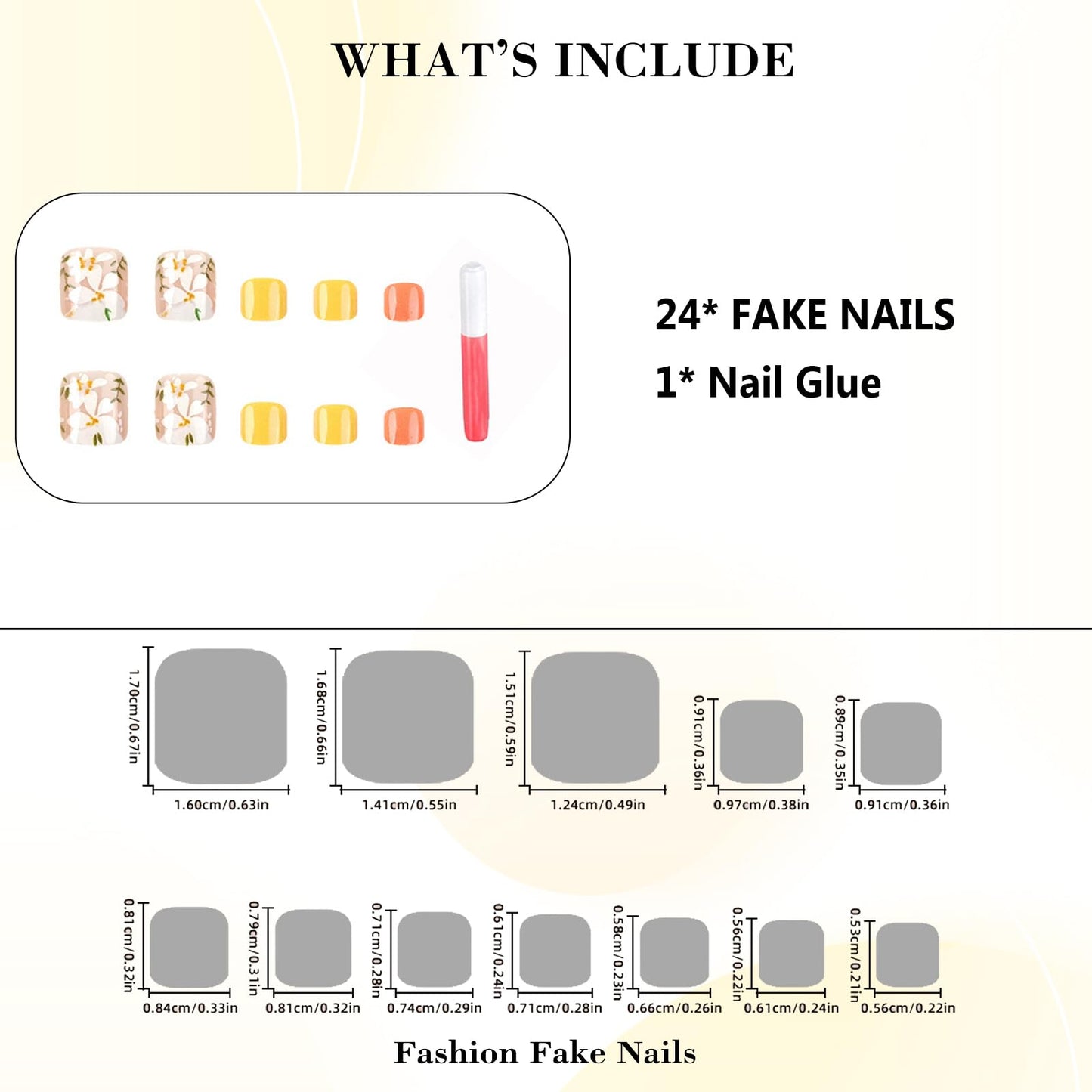 IMRAIN Flower Press on Toe Nails Short Square Fake Toenails with Flower Designs Orange Yellow Full Cover Acrylic False Toenails Summer Glue Stick on Toe Nails for Women 24Pcs