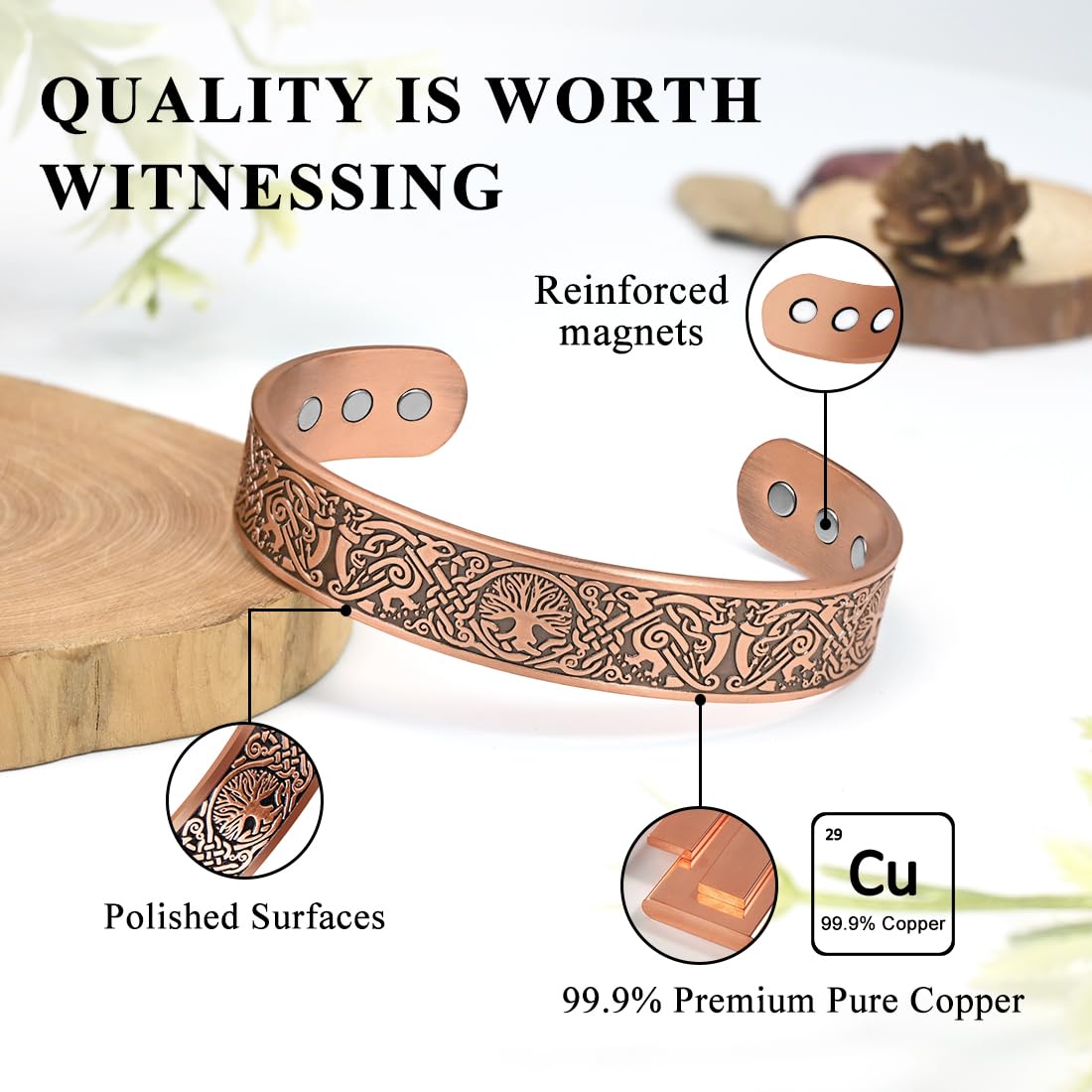 Vicmag Copper Magnetic Bracelet for Men Magnetic Bracelets 9X Ultra Strength Magnets Tree of Life Pattern Adjustable 99.9% Solid Pure Copper Present