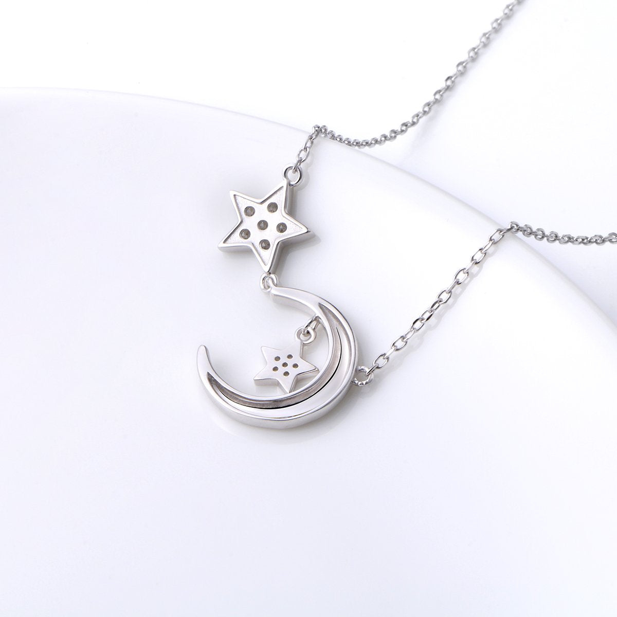 Ladytree S925 Sterling Silver Bling CZ Crescent Moon Star Jewelry Pendant Necklace,Rolo Chain,18+2"