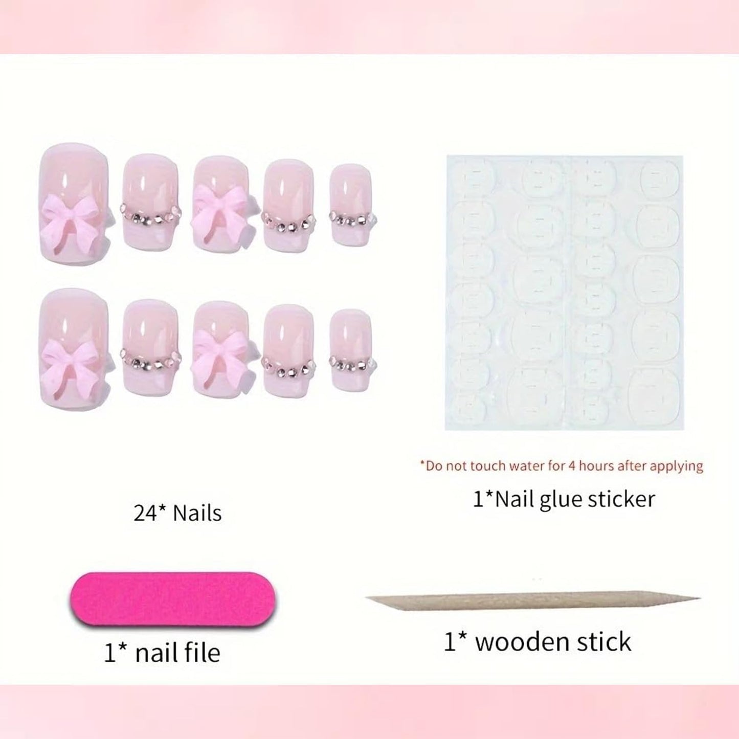 Square Press on Nails Medium Fake Nails with Bow Rhinestone Designs Pink French Tip Nails Press ons Glossy Full Cover Glue on Nails Reusable Artificial Nails for Women Spring Summer Nail Art Decor