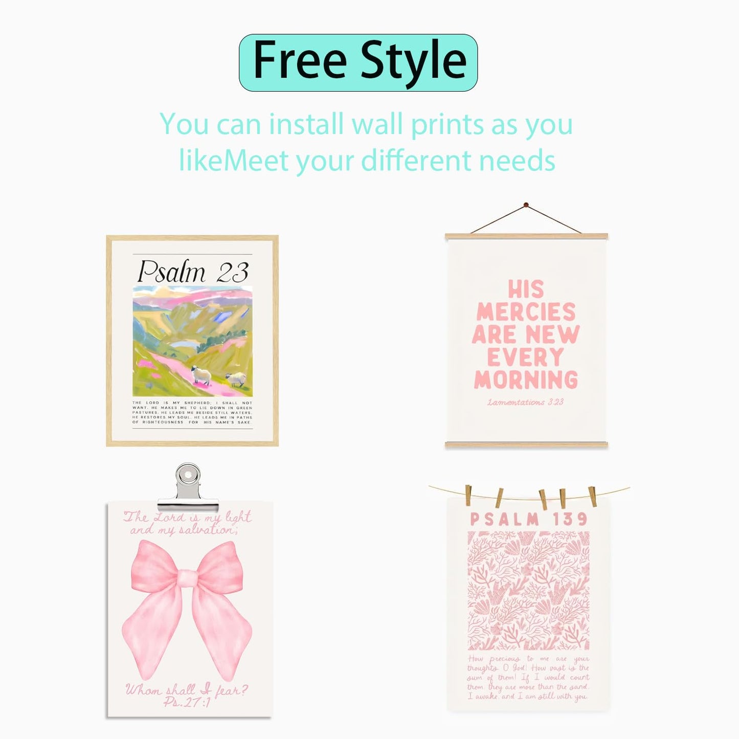 Pink Christian Posters Wall Art Set of 6 Bible Verse Canvas Wall Decor Religious Pictures Prints Scripture Bundle Bow Artwork Girls Room Trendy Preppy Painting Home Decoration 8x10 Inch Unframed