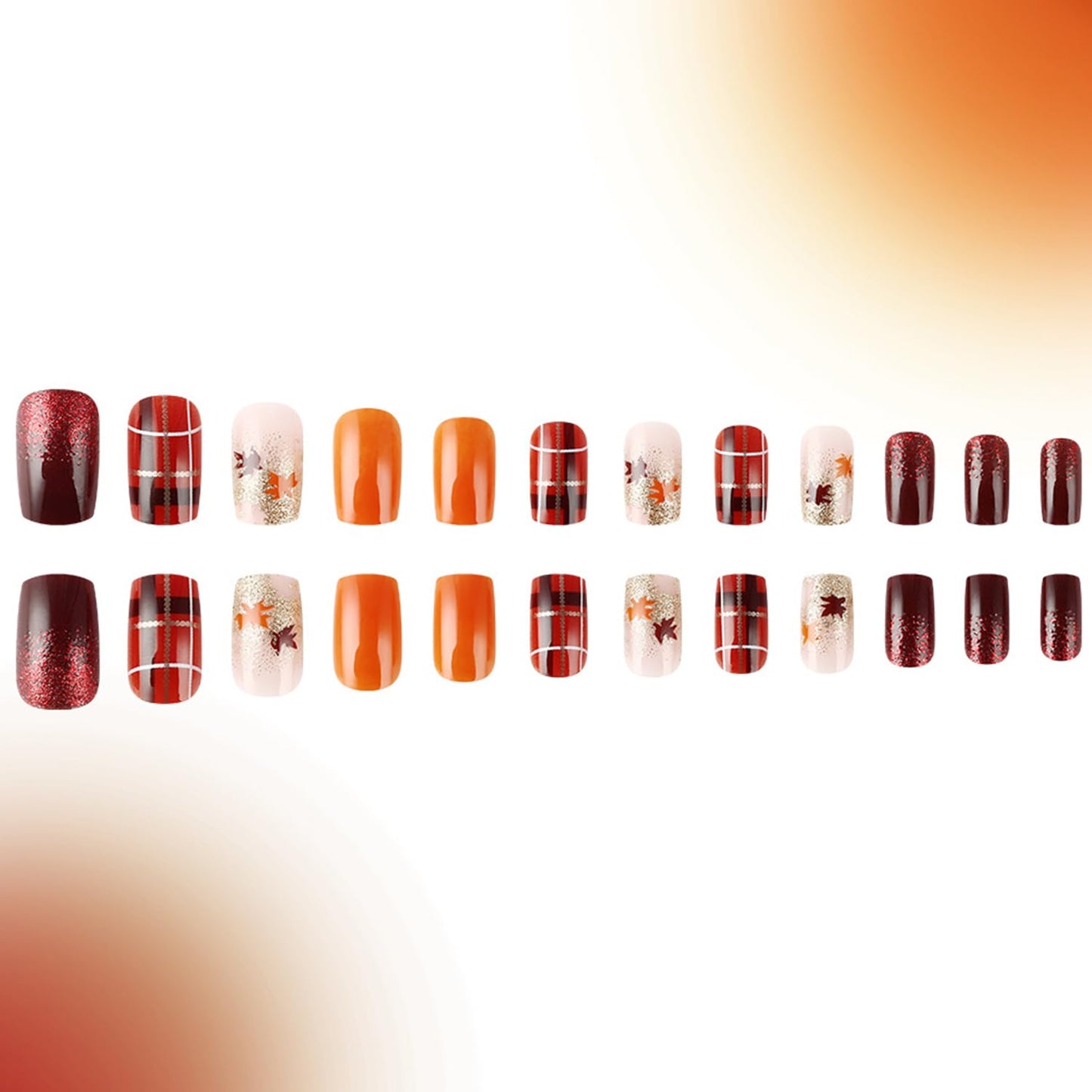 Fall Maple Leaf False Nail Medium Ballet Shaped Thanksgiving Press on Nails Gold Lines Glitter Sequins Design Autumn Stick on Nail Full Cover Artificial Fingernails Festival Glue on Nails for Women