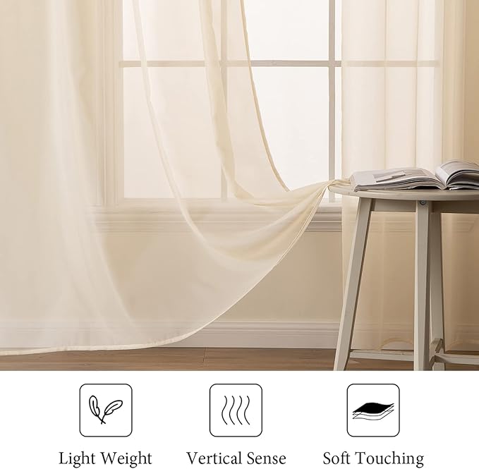 MIULEE 2 Panels Solid Color Sheer Window Curtains Elegant Window Voile Panels/Drapes/Treatment for Bedroom Living Room (54 X 96 Inches Cream Beige)