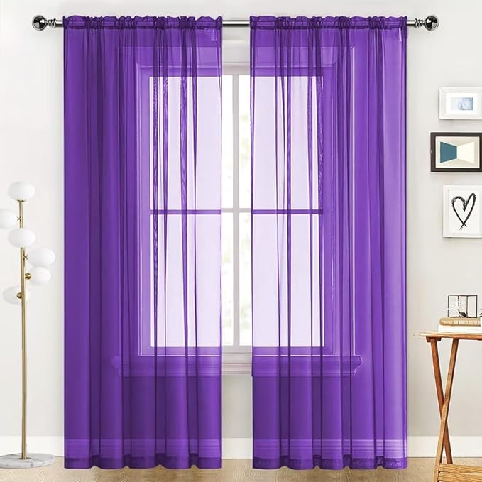 SpaceDresser Sheer Voile Window Treatment Rod Pocket Curtain Panels for Kitchen Bedroom Living Room Drapes Sunlight Filtering Privacy Semi Home Decor Assorted (Purple, 52 W x 108 L)