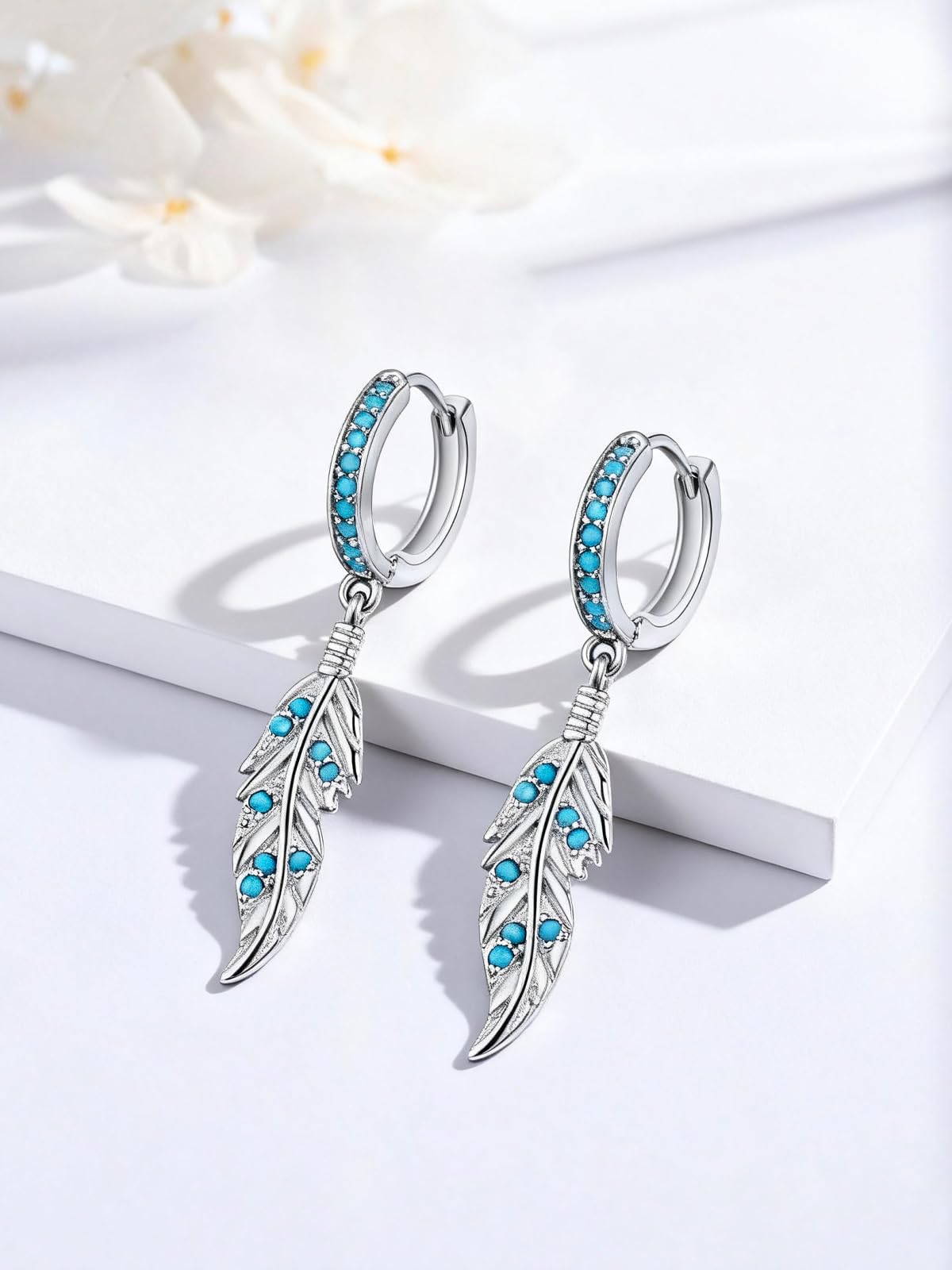 Feather Turquoise Earrings 925 Sterling Silver Bohemian Dangle Earrings Western Jewelry Native American Gifts for Women