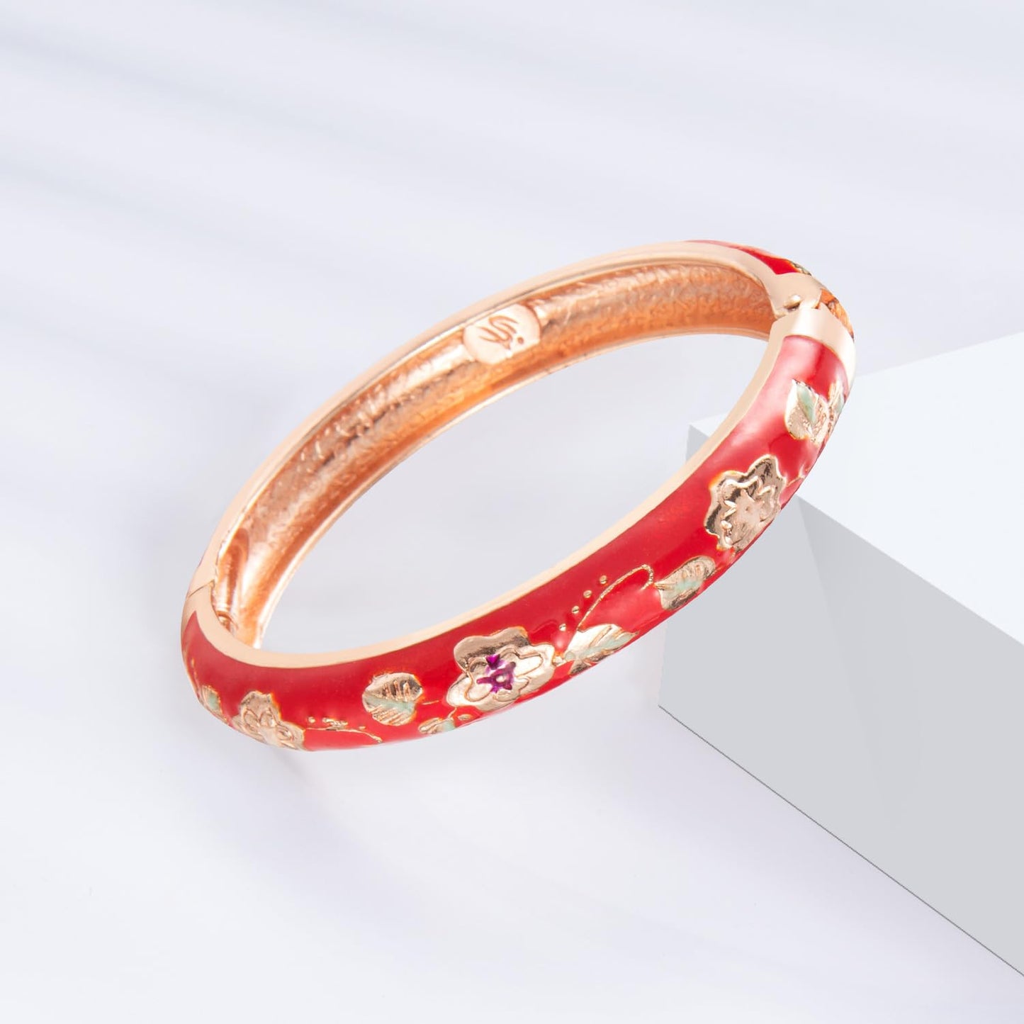 UJOY Bangles Bracelets Gorgeous Enameled Flower Cloisonne Plated Indian Jewelry Sets Box for Womens Gift 55A87-55A114 red