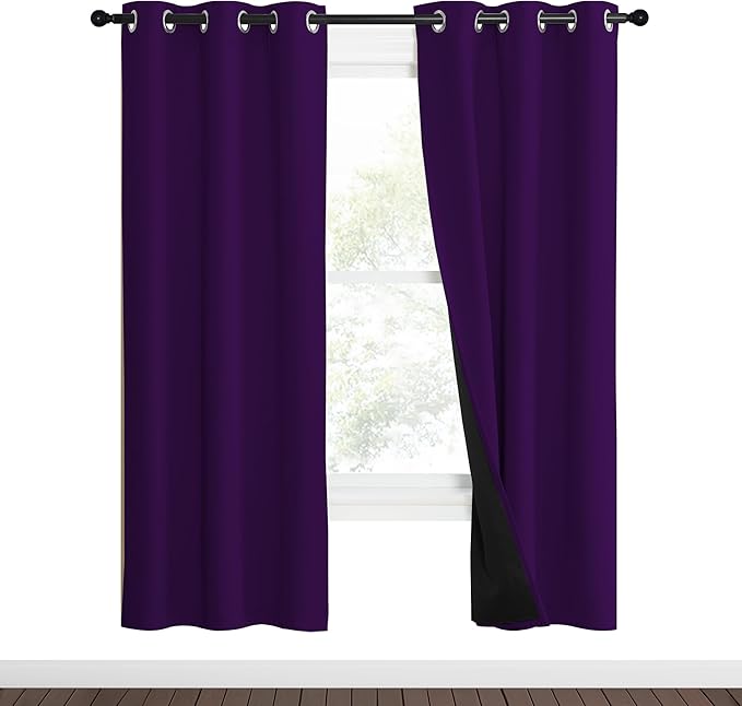 NICETOWN 100% Blackout Curtains with Black Liner Backing, Thermal Insulated Curtains for Living Room, Noise Reducing Drapes, Royal Purple, 37" Wide x 70" Long Per Panel, Set of 2 Panels