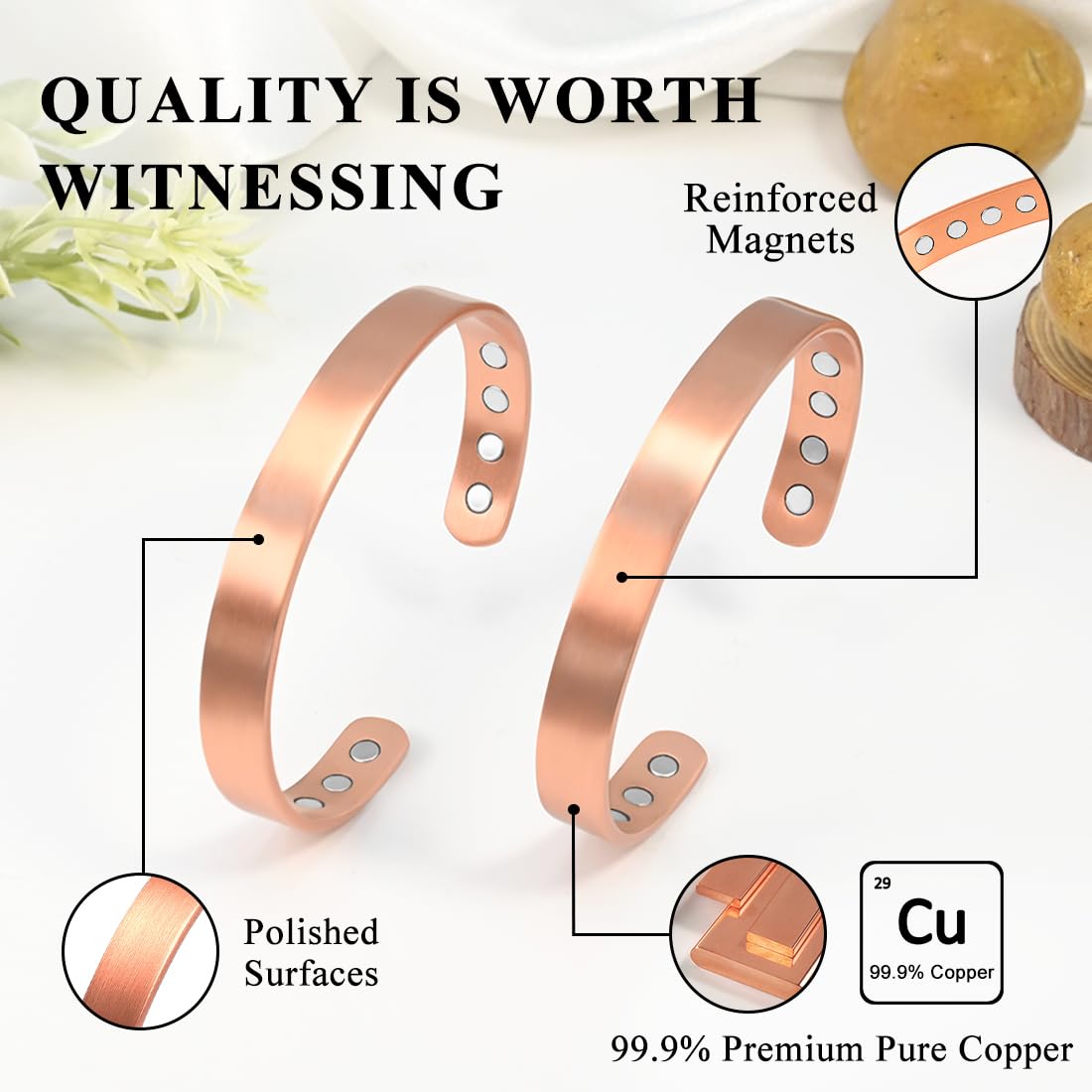 Vicmag Copper Magnetic Bracelet for Women and Men Ultra Strength Magnets 99.9% Pure Copper Strong Magnets Jewelry Gift Adjustable Length