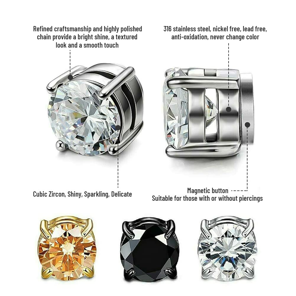 6MM Magnetic Stud Earrings for Men, Non-piercing CZ Studs, Hypoallergenic Stainless Steel Lymphatic Magnetic Earrings,Clip On Earrings For Men