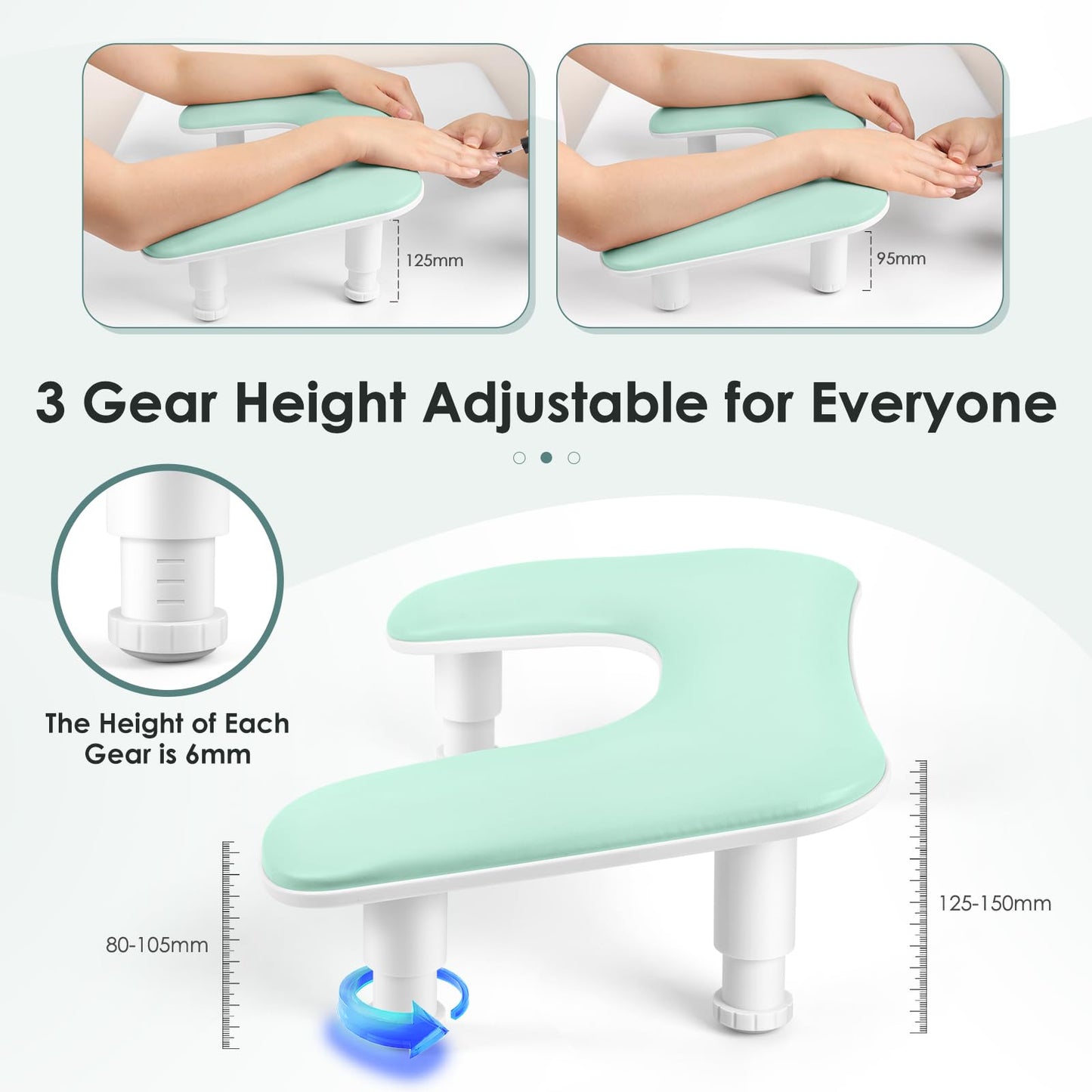 Manicure Arm Rest for Nails Tech: U-shaped Adjustable Nail Armrest - Mint Green PU Leather Hand Stand Rest for Manicurists