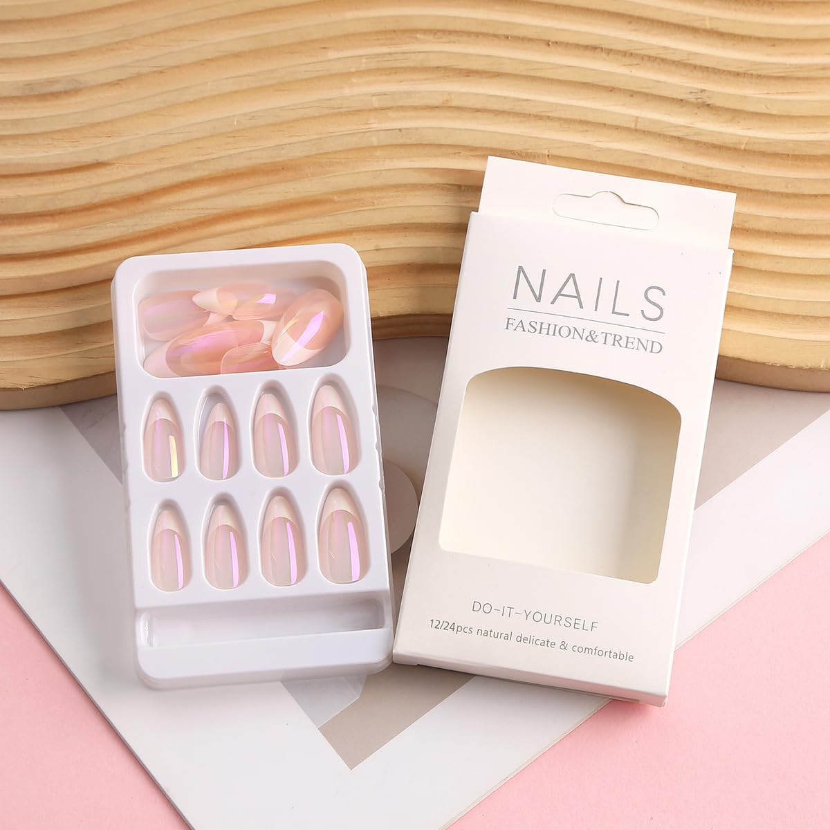 French Tips Press On Nails Almond Chrome Glossy Pearl Powder Full Cover Acrylic Nails with Mirror Glue Ons for Women - 24 Pcs