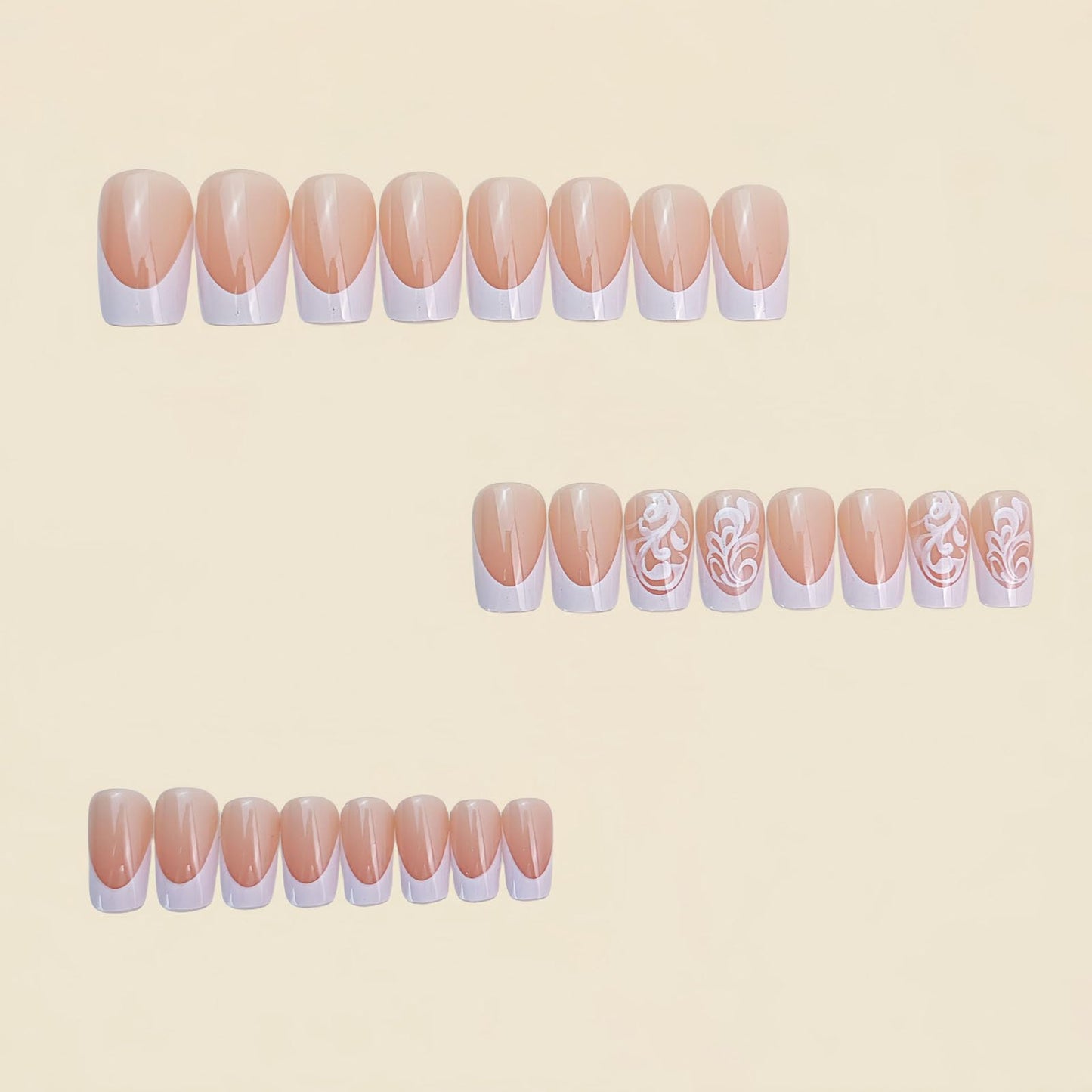 French Tip Press on Nails Medium Square Fake Nails with White Lines Designs Glossy Nails Press ons Nude Glue on Nails Cute Acrylic Nails Artificial Stick on Nails for Women 24Pcs