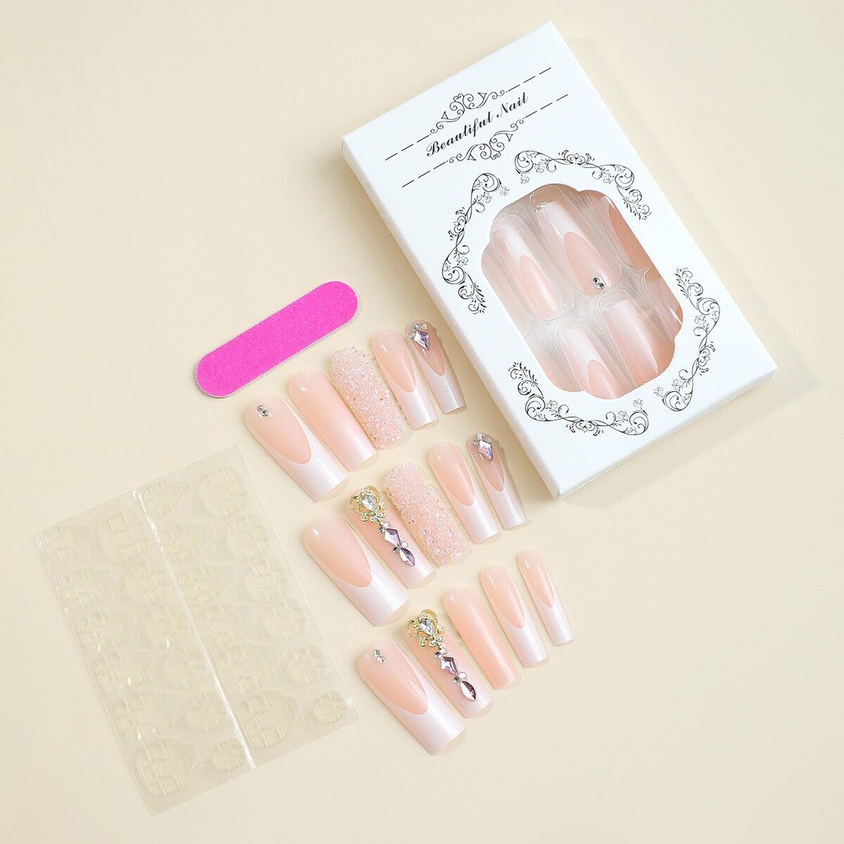 Long Press Coffin Glitter False Nails with Rhinestones Design Glue on French Tip Acrylic Glossy Full Cover Stick on Artificial Nails for Women Manicure 24Pcs