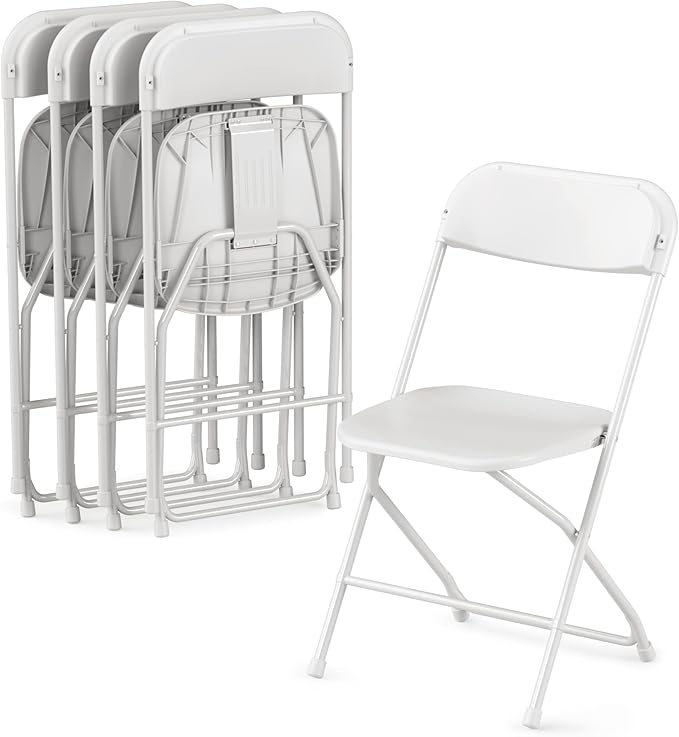 Allpop 4 Pack Plastic Folding Chair, 300lb Capacity, Portable Commercial Chair with Steel Frame for Home Office Wedding Party Indoor Outdoor Events, Stackable, White
