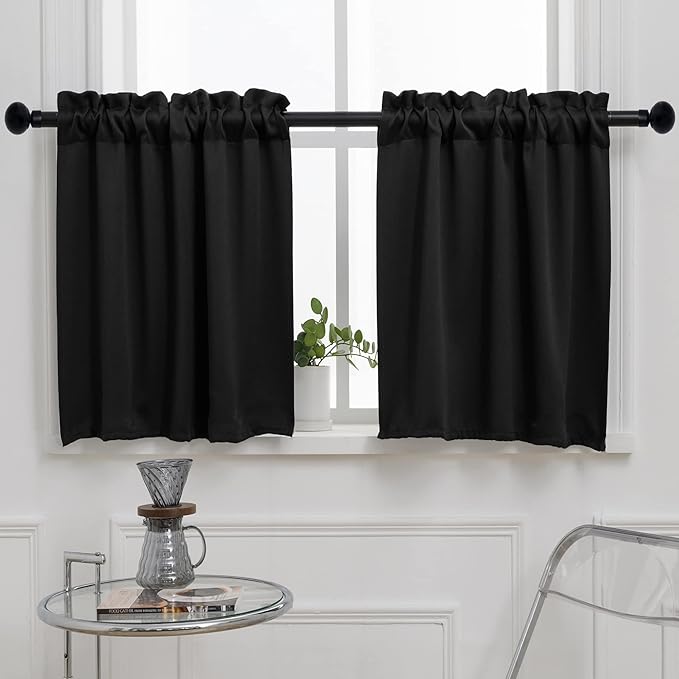 Pickluc Black Cafe Curtain (Half Window Curtain) 30 Inches Length, Rod Pocket Small Kitchen Curtain, Short Blackout Curtain for Small Window, 30" Wide and 30" Long, 2 Panels