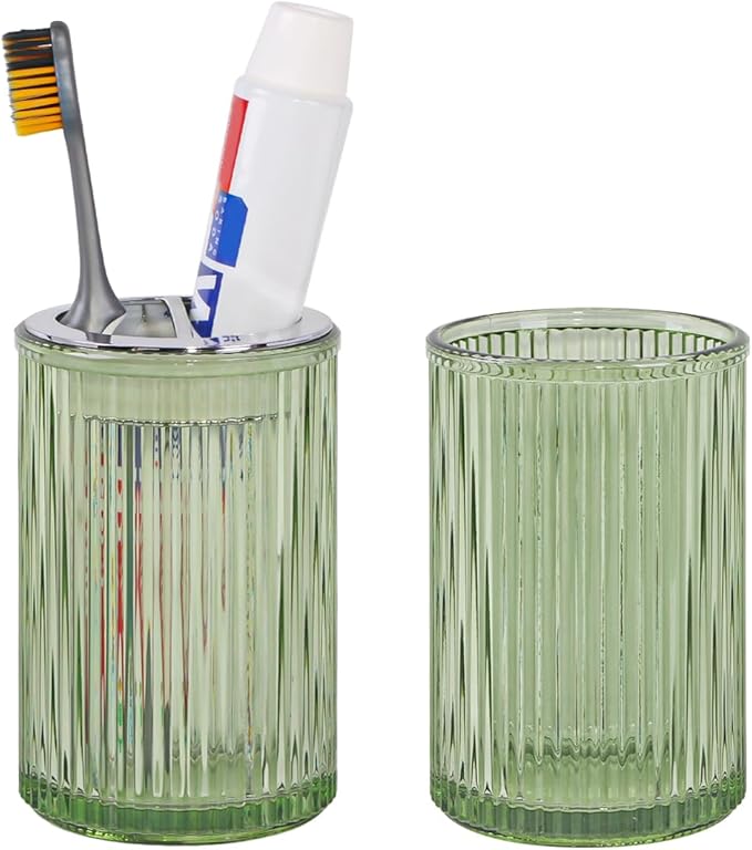 Green Toothbrush Holders for Bathrooms, 2pcs Glass Toothbrush Holder and 12oz Bathroom Tumbler Cup Set, Silver Tooth Brush and Toothpaste Organizer for Bathroom Vanity Countertop