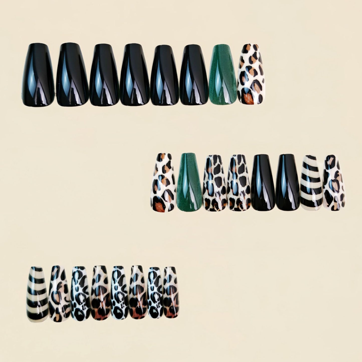 Fall Press on Nails Medium Coffin Fake Nails with Leopard Print Black Lines Designs Glossy Glue on Nails Green Nails Press ons Autumn Acrylic Artificial Stick on Nails for Women 24Pcs