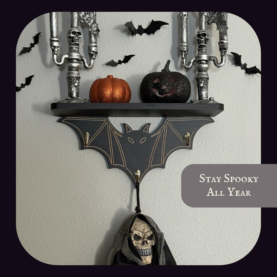 Gothic Bat Shelf Wall Decor with Hooks - Valentines Spooky Goth Themed Gifts for Adults Women with Bat Stickers - Black Floating Shelf for Bedroom Living Room - Unique Vampire Room Lovers Accessories