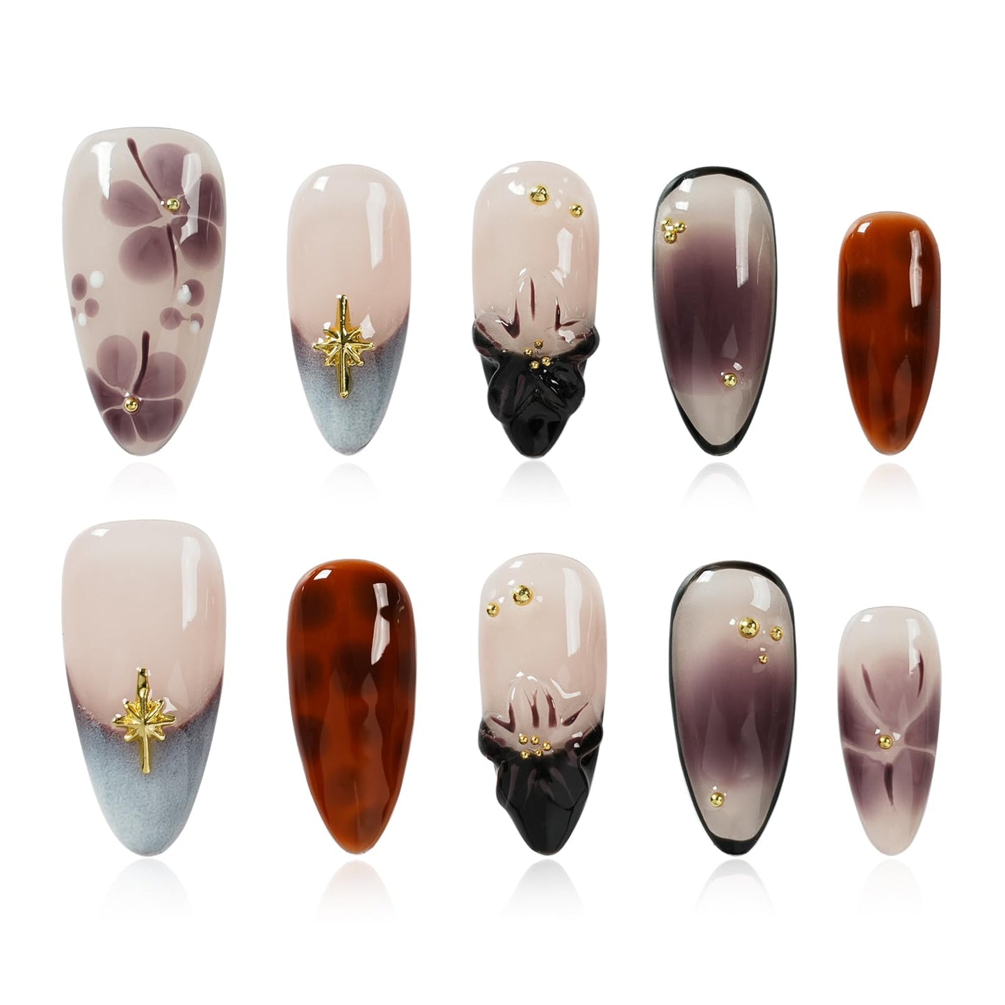Tesytto 3D Floral Press on Nails Medium Almond - Handmade Nude Brown Gradient, Gold Charms Luxury Glossy Reusable Fake Nails (Dusk Pastel Gradient Flowers, L)