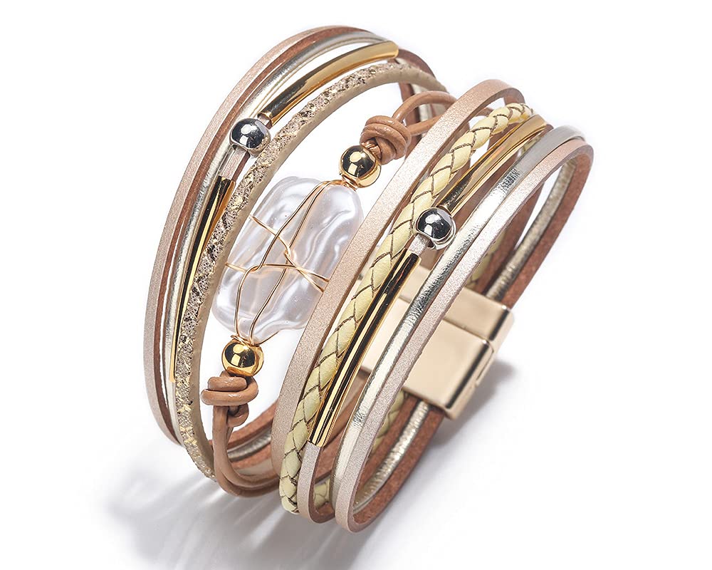 Fesciory Leopard Bracelet for Women, Boho Leather Wrap Multi-Layer Pearl Crystal Bracelet Bangle Jewelry(Leather(Pearl))