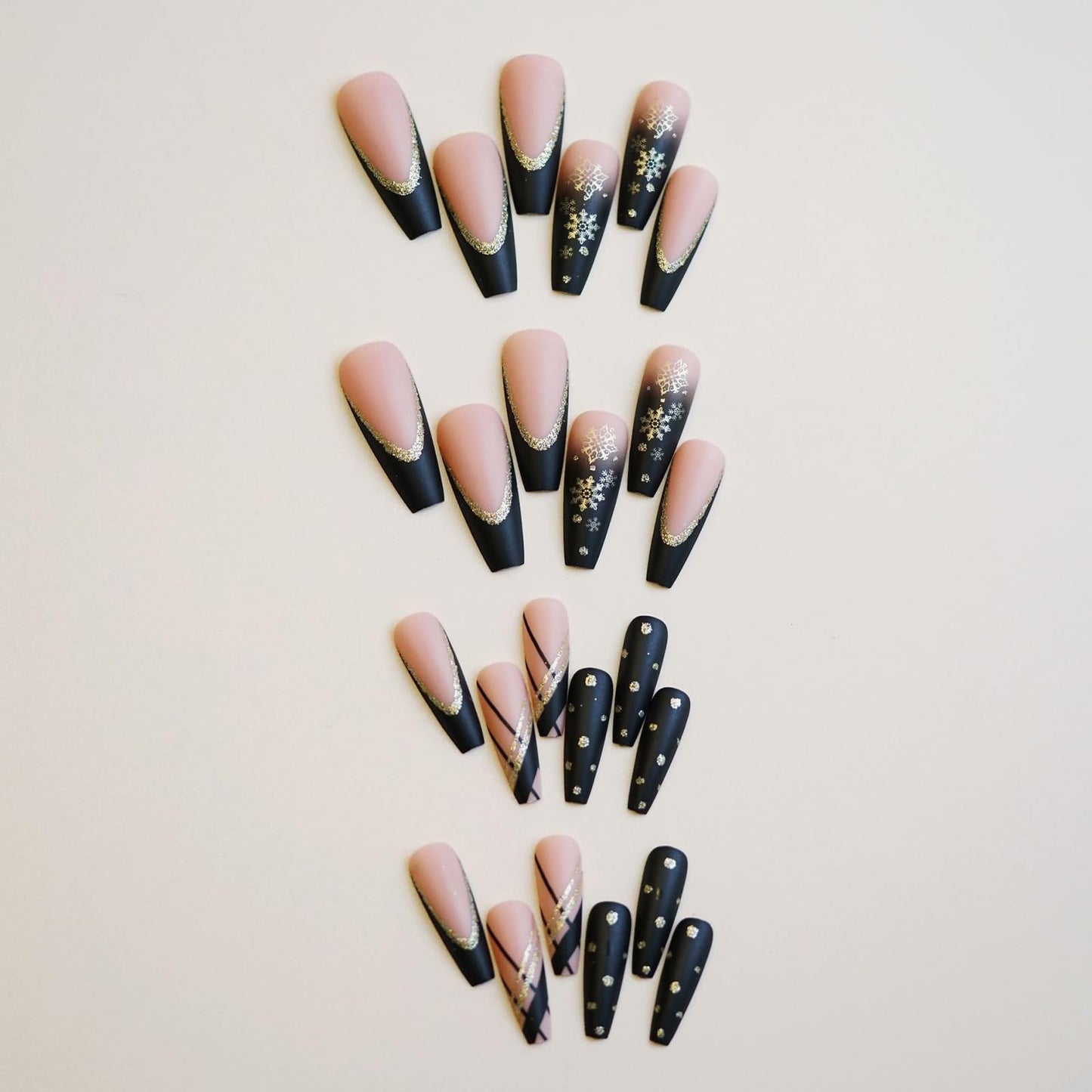 MISUD Press on Nails - Long Coffin Fake Nails with Black Gold, Acrylic Snowflake Glitter Design 24 pcs