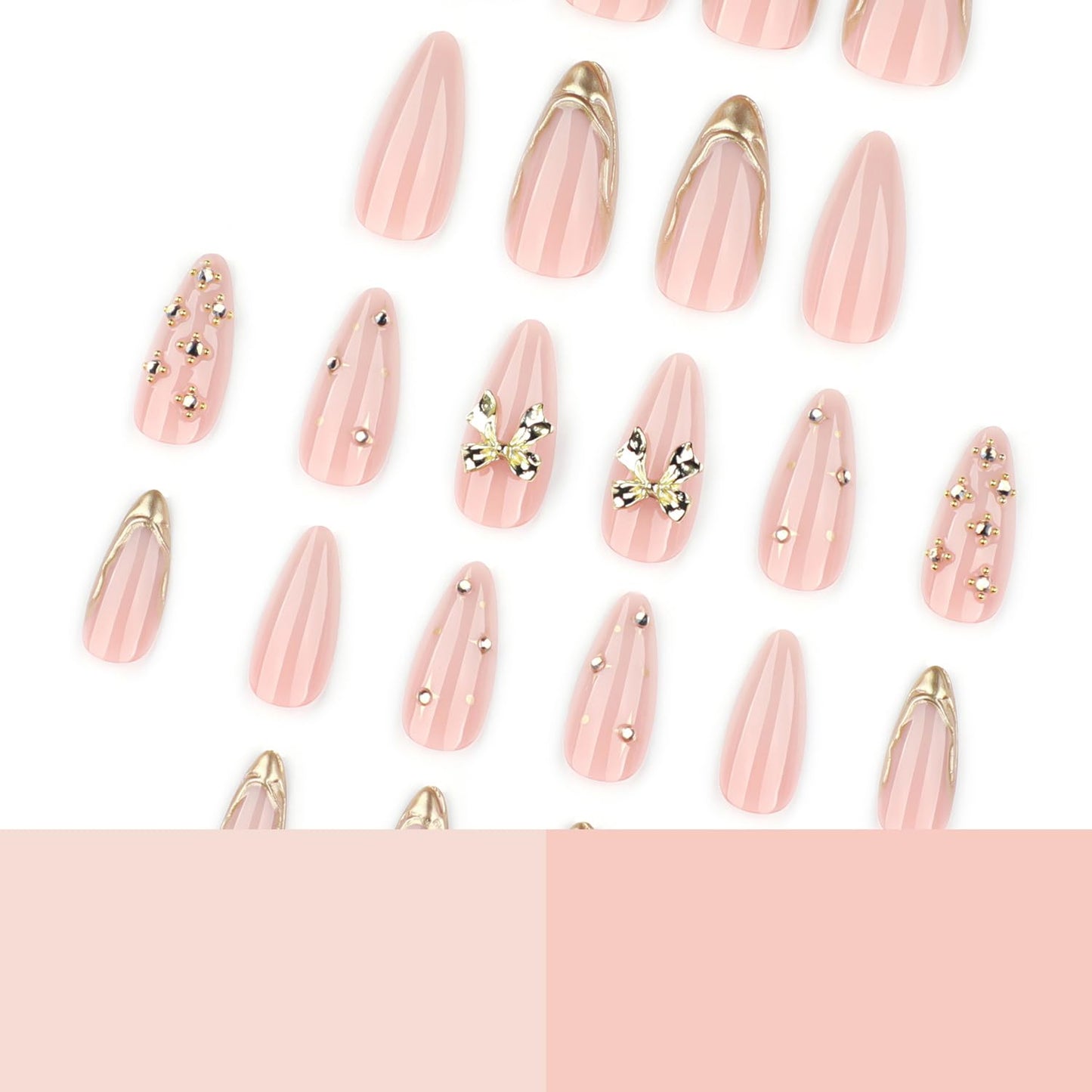 Press On Nails Medium Almond Fake Nails Press Ons With Gold Rhinestone Star Design Gold Bow French False Nails Pink Glossy Acrylic Nails For Women