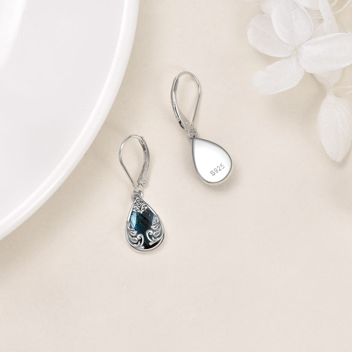 POPLYKE Labradorite Filigree Teardrop Drop Dangle Earrings Sterling Silver Leverback Earrings Jewelry