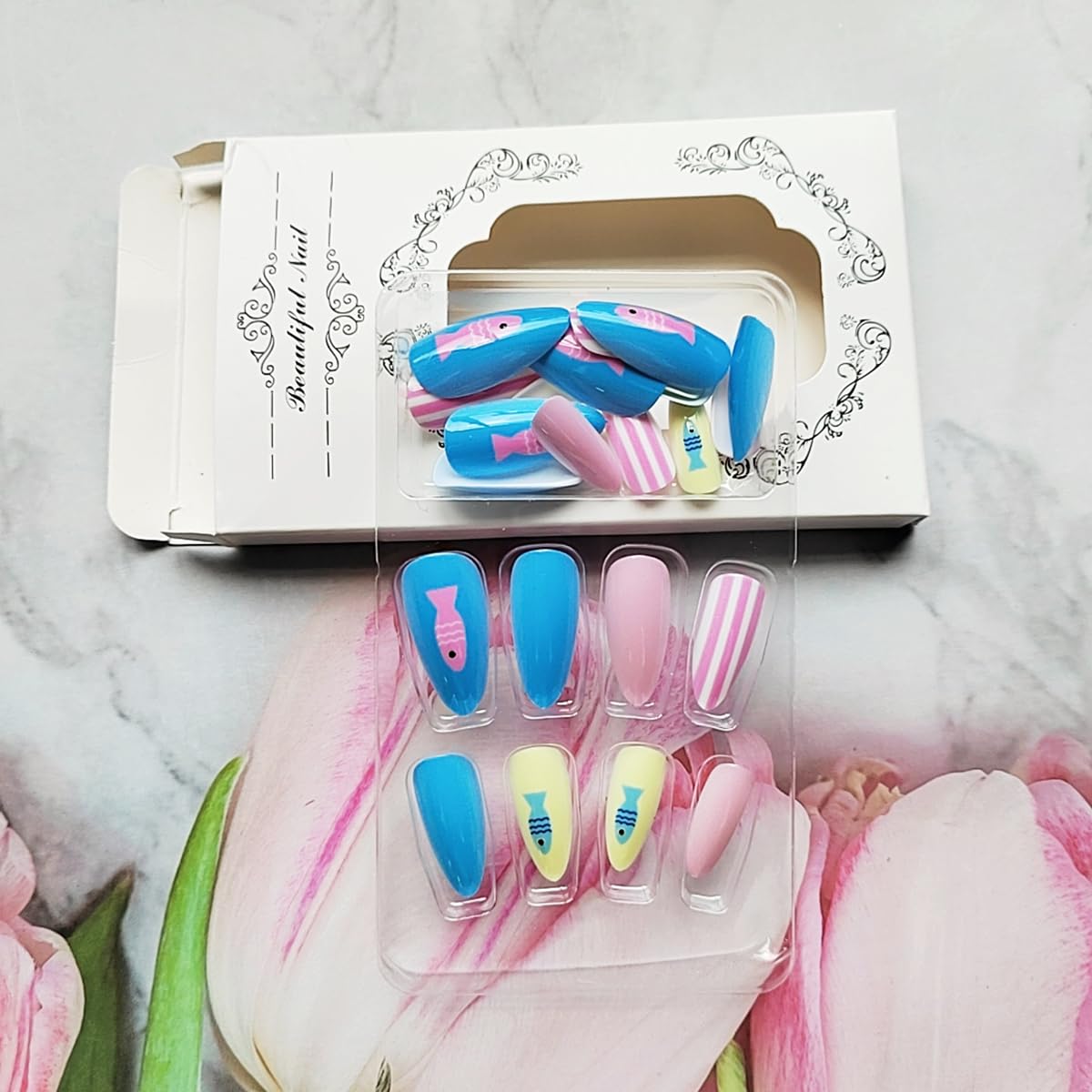 24 Pcs Summer Press on Nails Medium Almond WLGDLH Fake Nails, Blue Pink Yellow False Nails Press ons with Cute Ocean Fish Stripes Design, Glue on Nails for Women Manicure, Glossy Finish