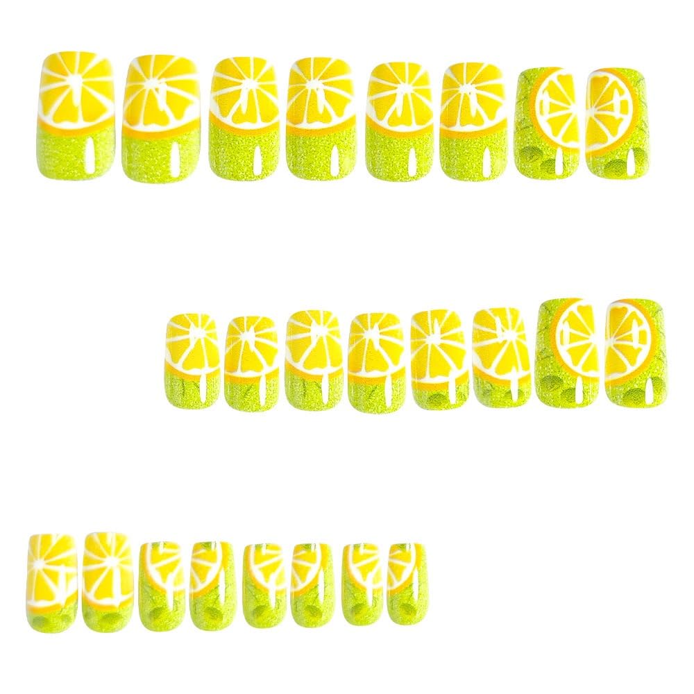 CTTHNBD Square Press on Nails Medium - Green Fake Nails with Leaf Fruit Pattern Design - Summer Full Cover Stick on Nails - for Women 24 Pcs