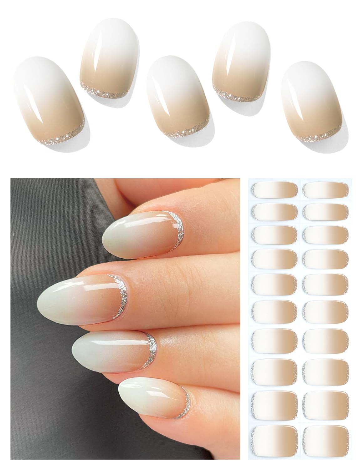AutyaMee Semi Cured Gel Nail Strips (Nude Ombre), Gold Glitter, 20 Pcs Gel Nail Wraps, Stickers, UV Light Required, Salon Quality, Long Lasting