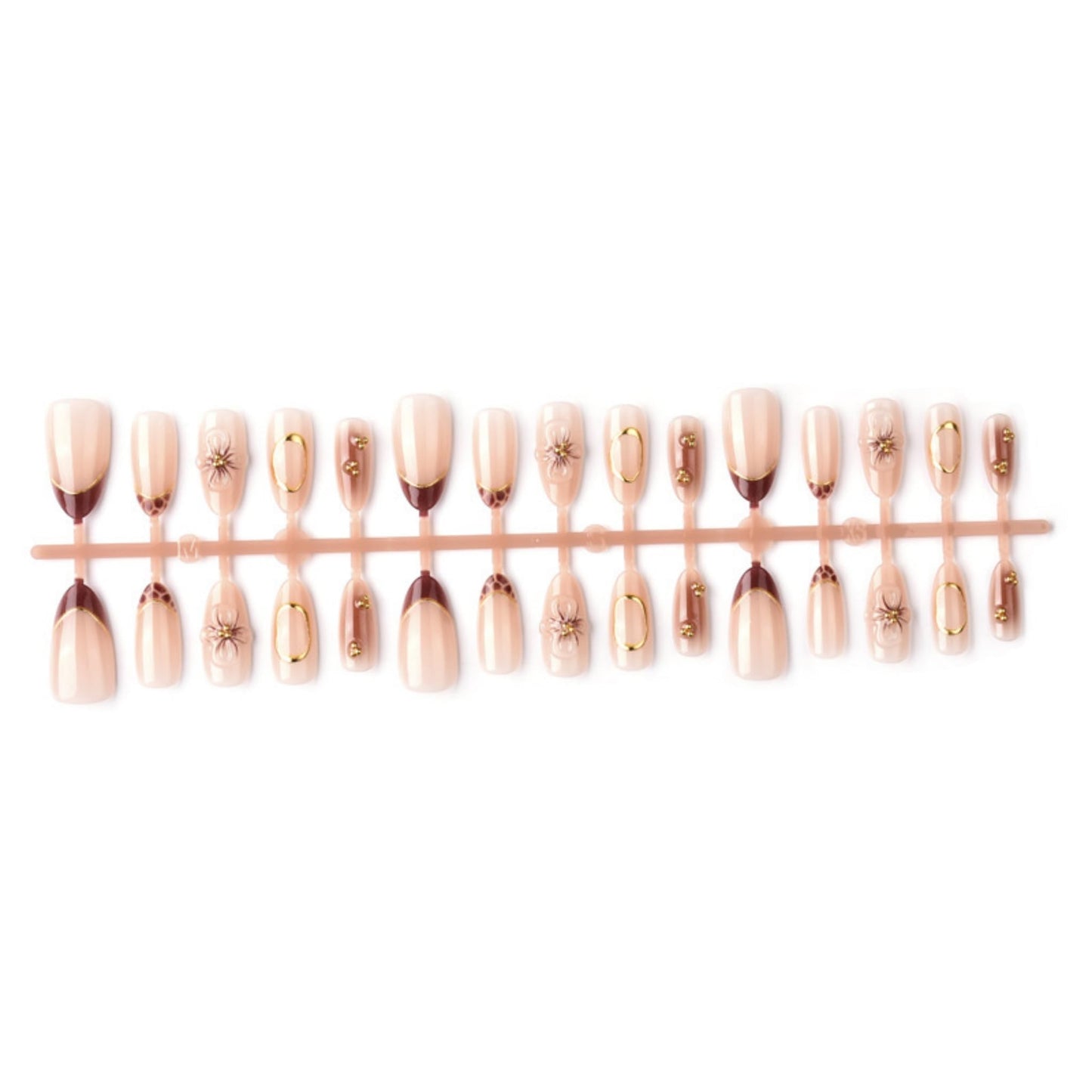 Short Press on Nails Almond Fake Nails Brown Artificial Nail Floral and Gold Charm Designs Stick on Nail for Women 30pcs