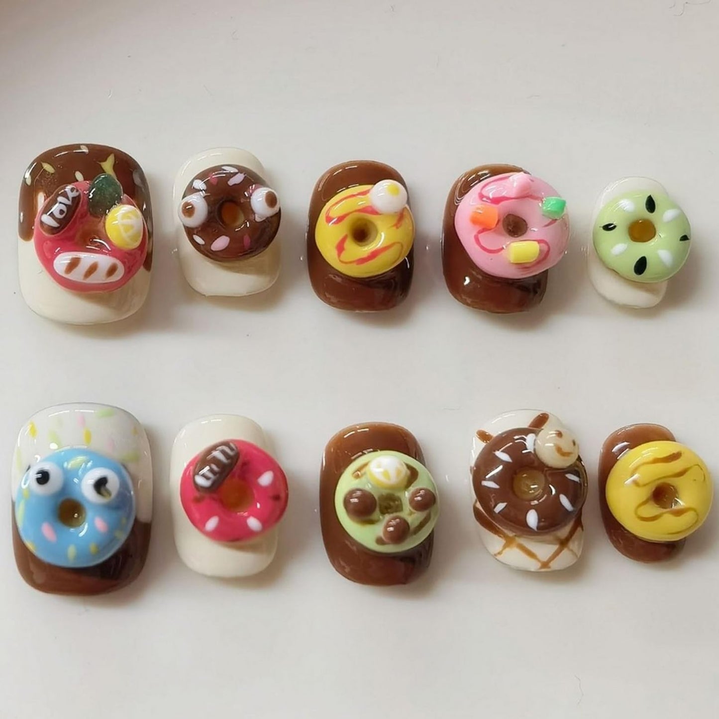 Cute Handmade Press on Nails Extra Short Square 3D Unique Reusable ABS Material Fake Nails Luxury False Nails with Designs Doughnut Dessert Art Glossy Glue on Nails Thick Acrylic Nails(S)