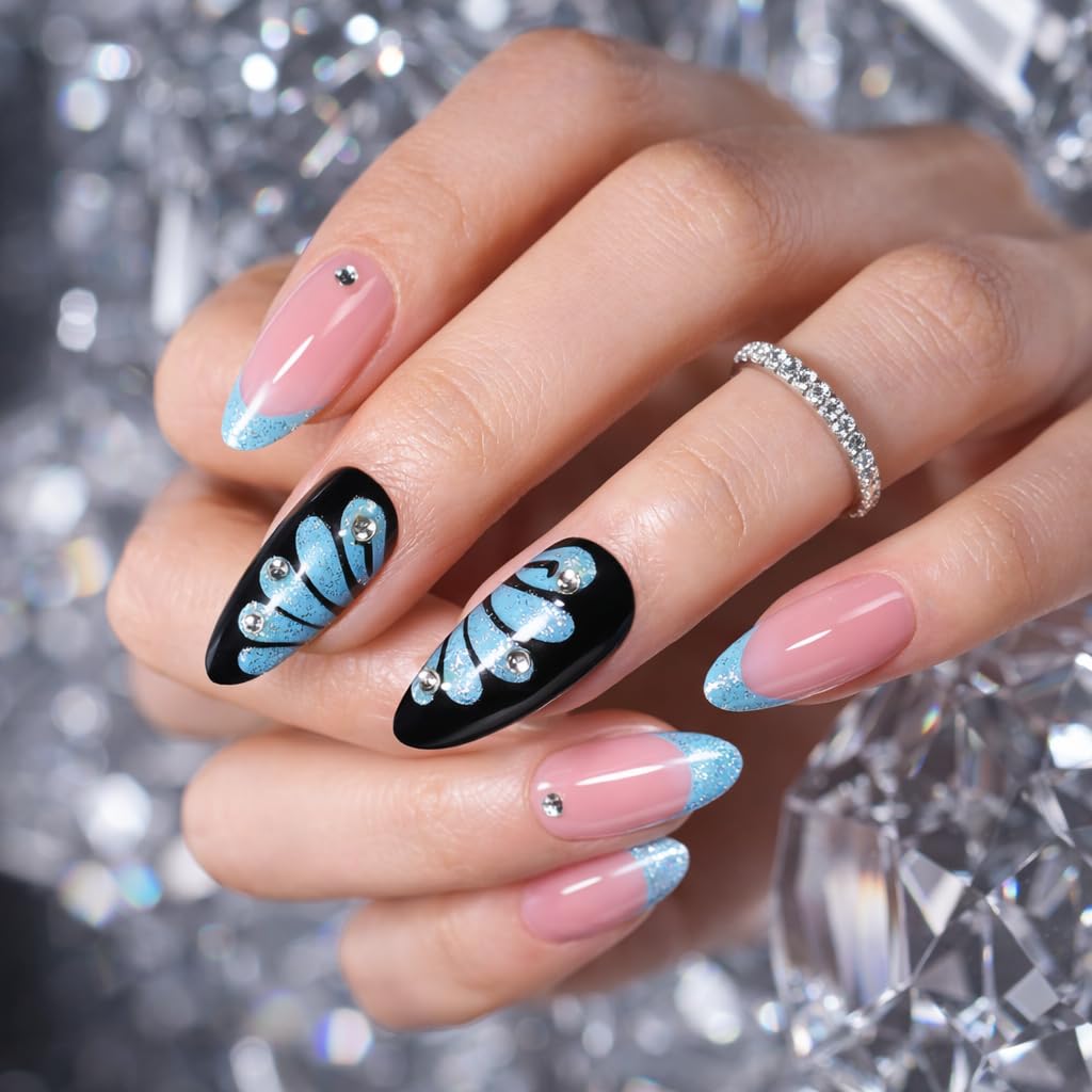 Goolich Nude Pink Press On Nails Medium Almond,Y2k Butterfly French Tip Nails Press ons Set with Adhesive Tabs, 24 Pcs 12 Size Reusable Full Cover Glue on Nails for Women