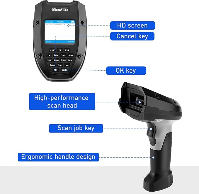1D 2D Wireless Barcode Scanner, Onewscan Portable Inventory Scanner with Charging Base Data Collector Barcode Reader Data Terminal 2.4G Wireless & USB Connection Bar Code Scanners with 2" LCD Screen