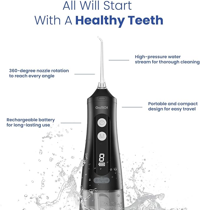 OraTECH Water Dental Flosser, Portable Cordless Oral Irrigator 350ML Rechargeable Travel IPX7 Waterproof Electric Flossing for Teeth Cleaning (White)