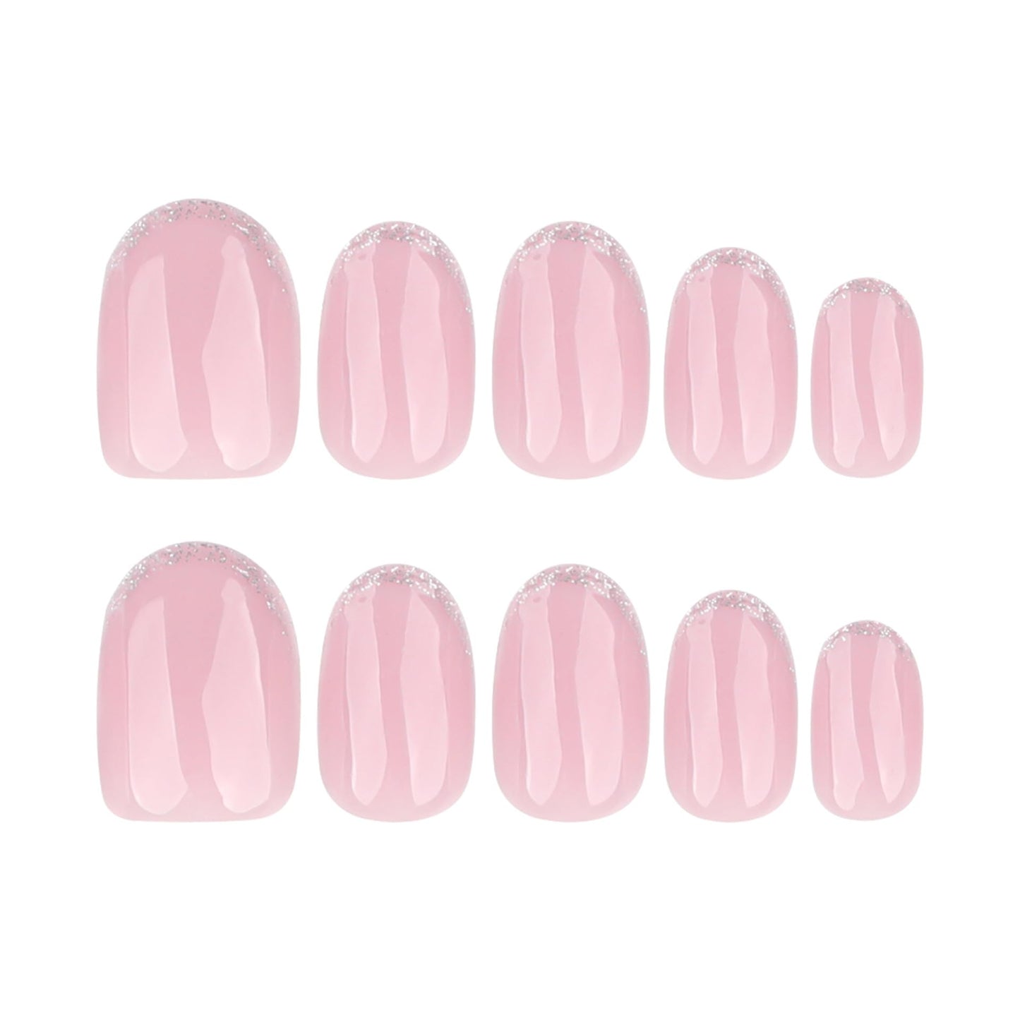 Silver Glitter French Tip Press On Nails Short Oval GCSQW Fake Nails, Light Pink Glossy False Nails Reusable Acrylic Stick On Nails for Women, 24 Pcs Manicure Kit with Adhesive Tabs