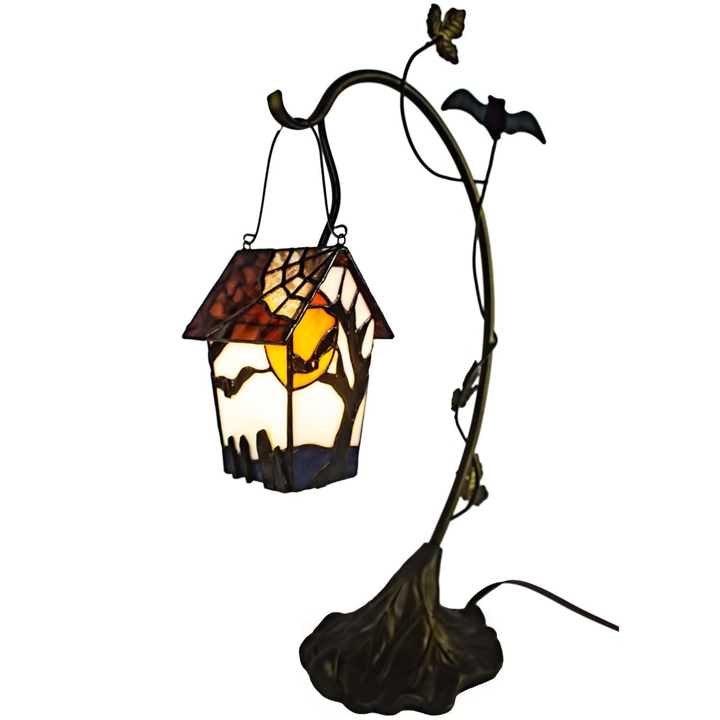Bieye L10938 Spooky Graveyard Tiffany Style Stained Glass Birdhouse Table Lamp for Halloween Decor (21-inch High, Bat Nest)