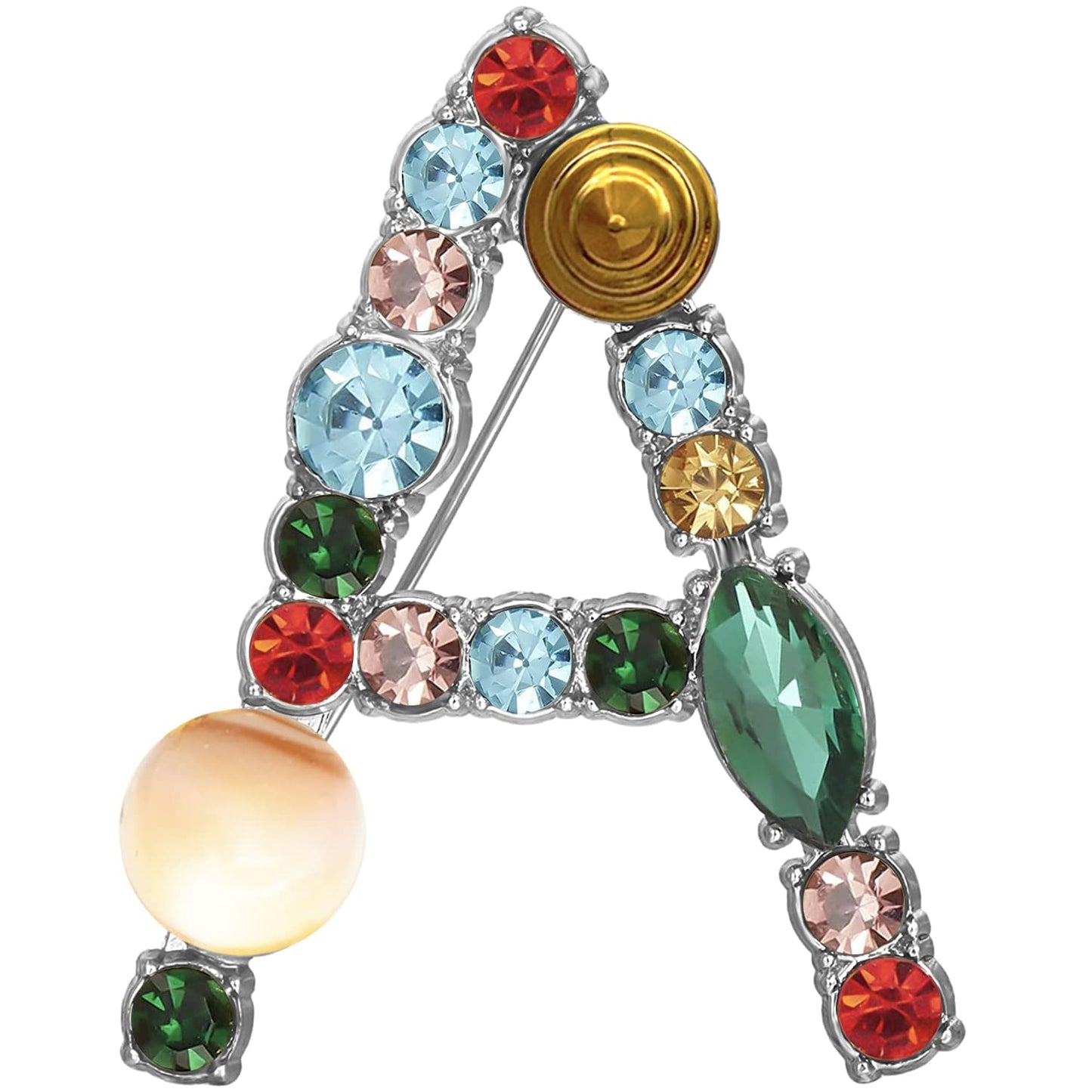 XGALBLA Letters A Plated Metal Stone Clear Colorful Crystal Lapel Pin Brooches Collar(Silver Tone)
