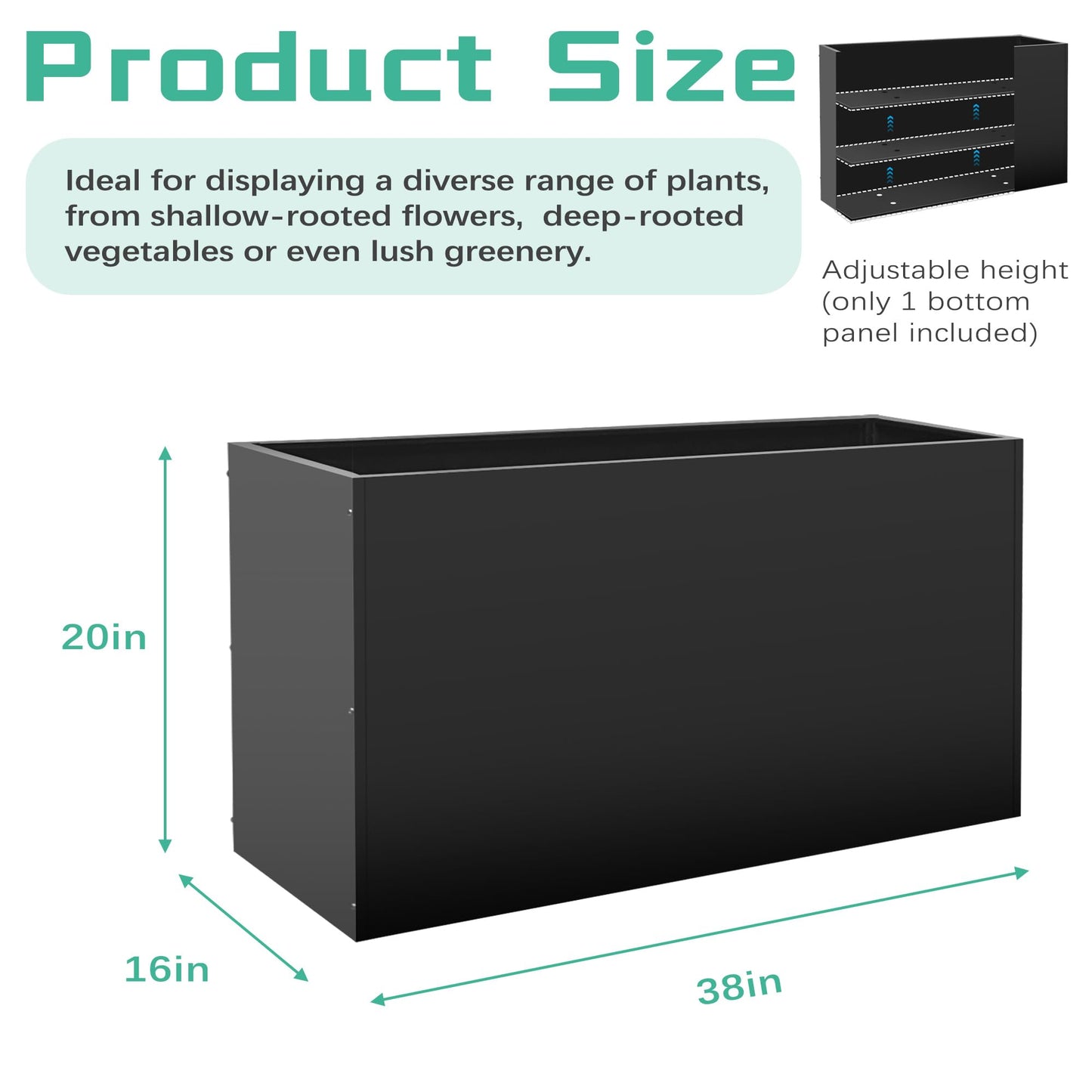Metal Rectangular Planter Box, 38''L x16''Wx20''H Planter Boxes Outdoor Heavy Duty, Rectangular 3 Tier Adjustable Height Outdoor Galvanized Steel Plant Box, Garden Planter for Plants and Flowers