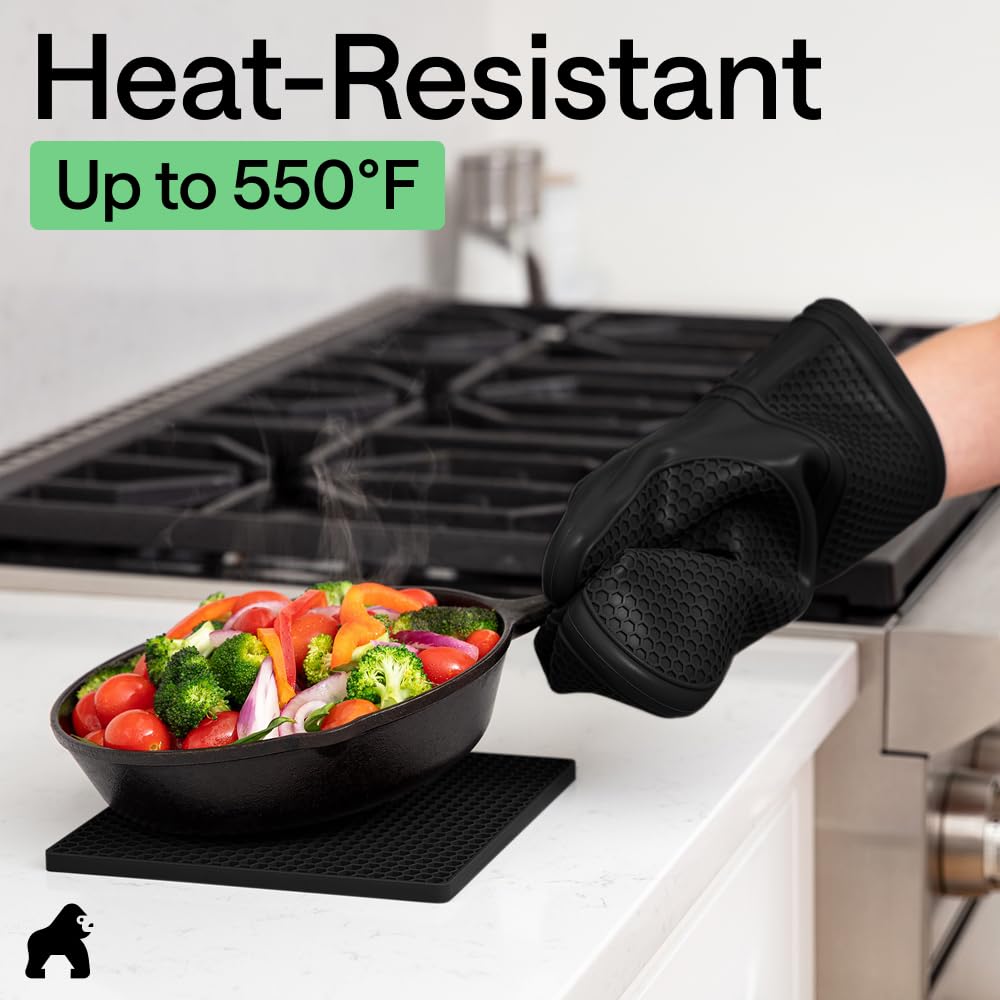 GORILLA GRIP BPA-Free Soft Silicone Oven Mitts and Pot Holders Sets of 4, Heat Resistant Waterproof Cooking Gloves, Thick Cotton Lining, Flexible Gripping for Baking Grilling, Kitchen Trivets, Black