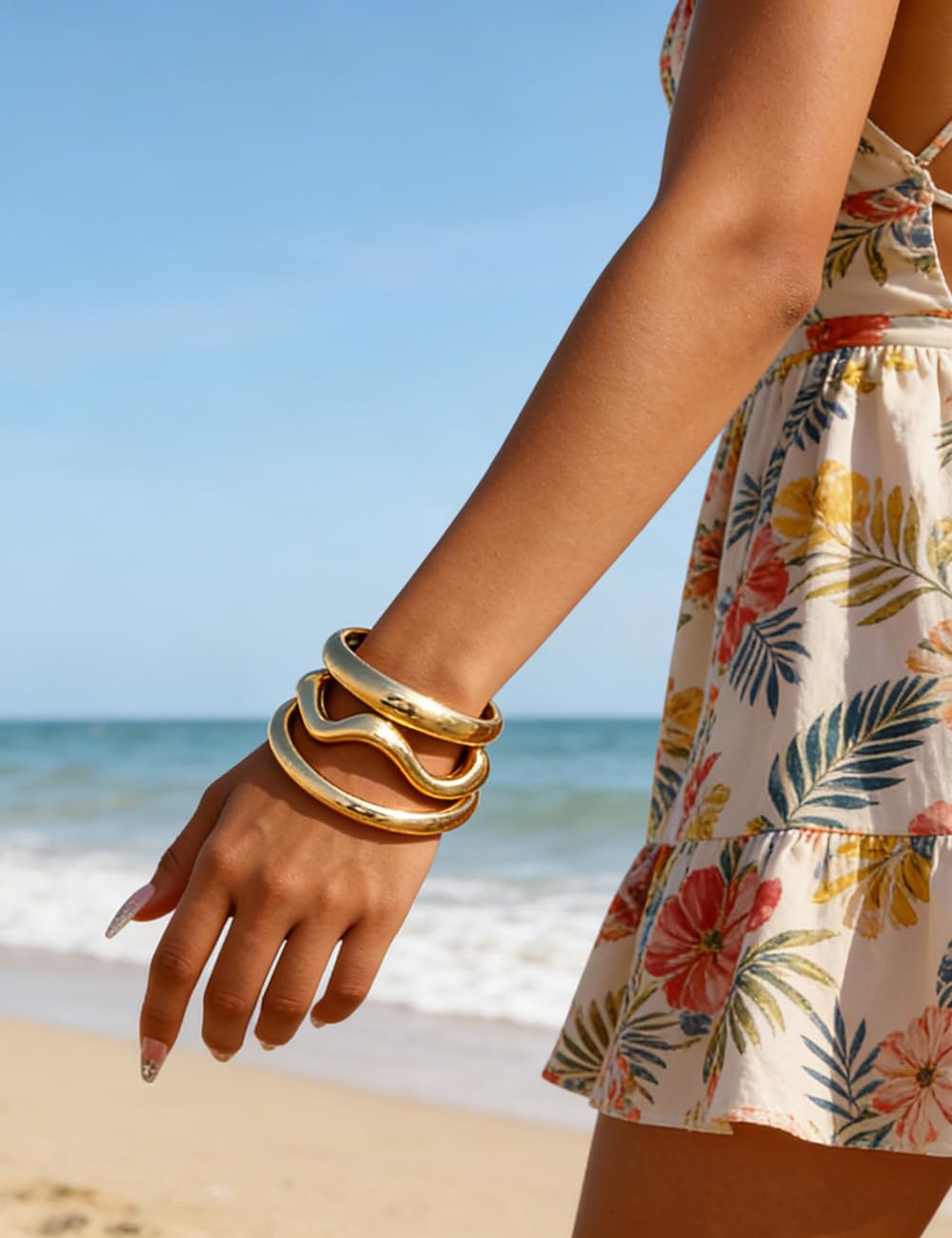 Chunky Gold Bangle Bracelets for Women, Dainty 14k Gold Plated Big Stackable Bangles Set, Trendy Statement Cuff Bracelet Stack Fashion Jewelry Gifts (Gold wave bangles)