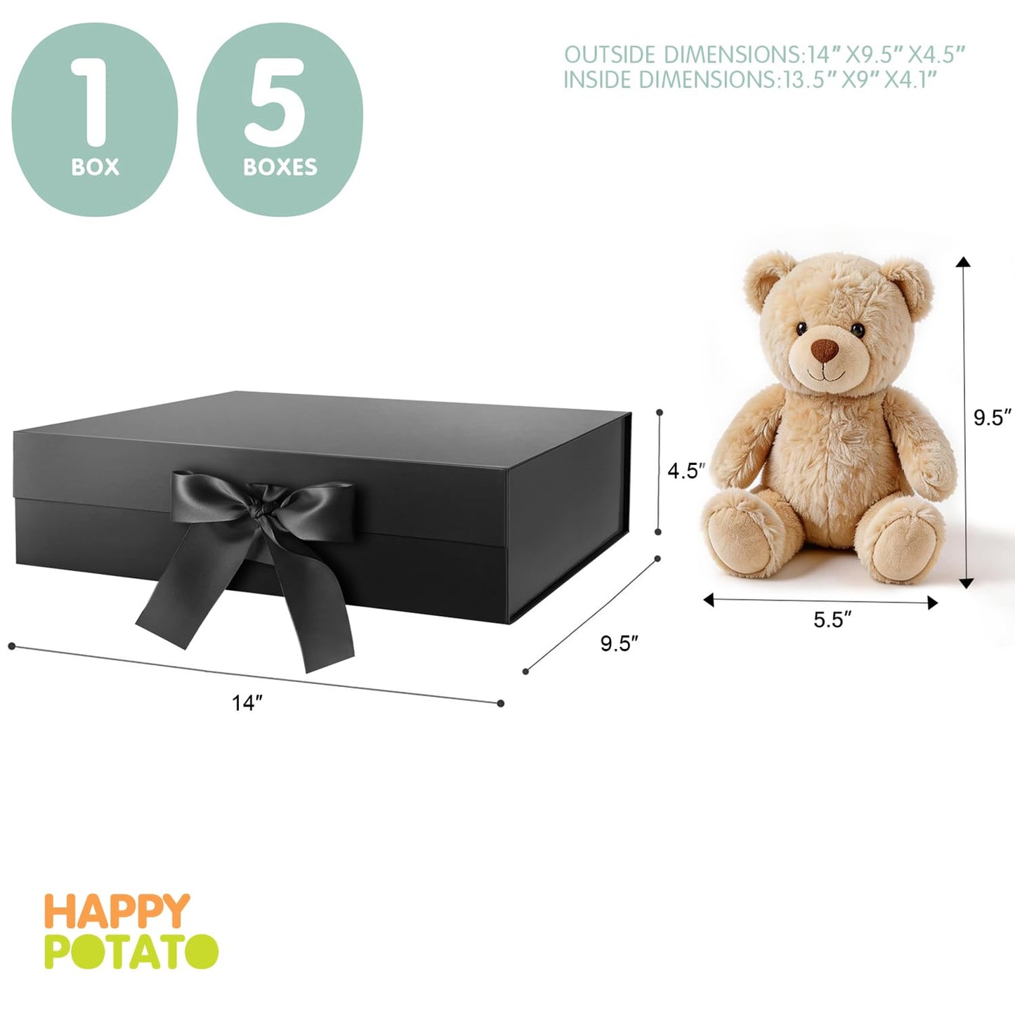 HAPPY POTATO Large Gift Box with Lid and Ribbon, Groomsman Proposal Box, Magnetic Gift Box for presents (Glossy Black,pack of 5,13.5x9x4.1 Inches)