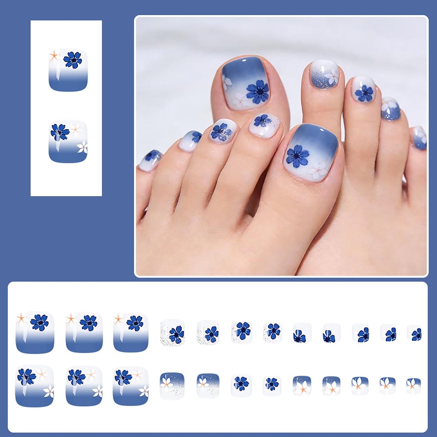 24Pcs Spring Summer Press on Toenails,Short Square Fake Toenails with Flower Glitter Designs Dark Blue French Gradient Toenails Full Cover Acrylic Glossy Stick on Toes Nails for Women