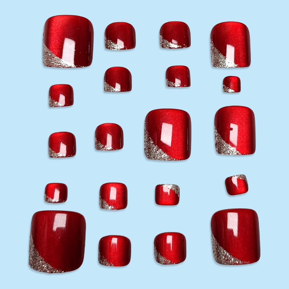 Red Press on Toenails French Tip Fake Toe Nails Cat Eye Acrylic Toenails Short Square False Toe Nails with Silver Glitter Designs Glossy Wine Red Artificial Nail for Women Girls Manicure