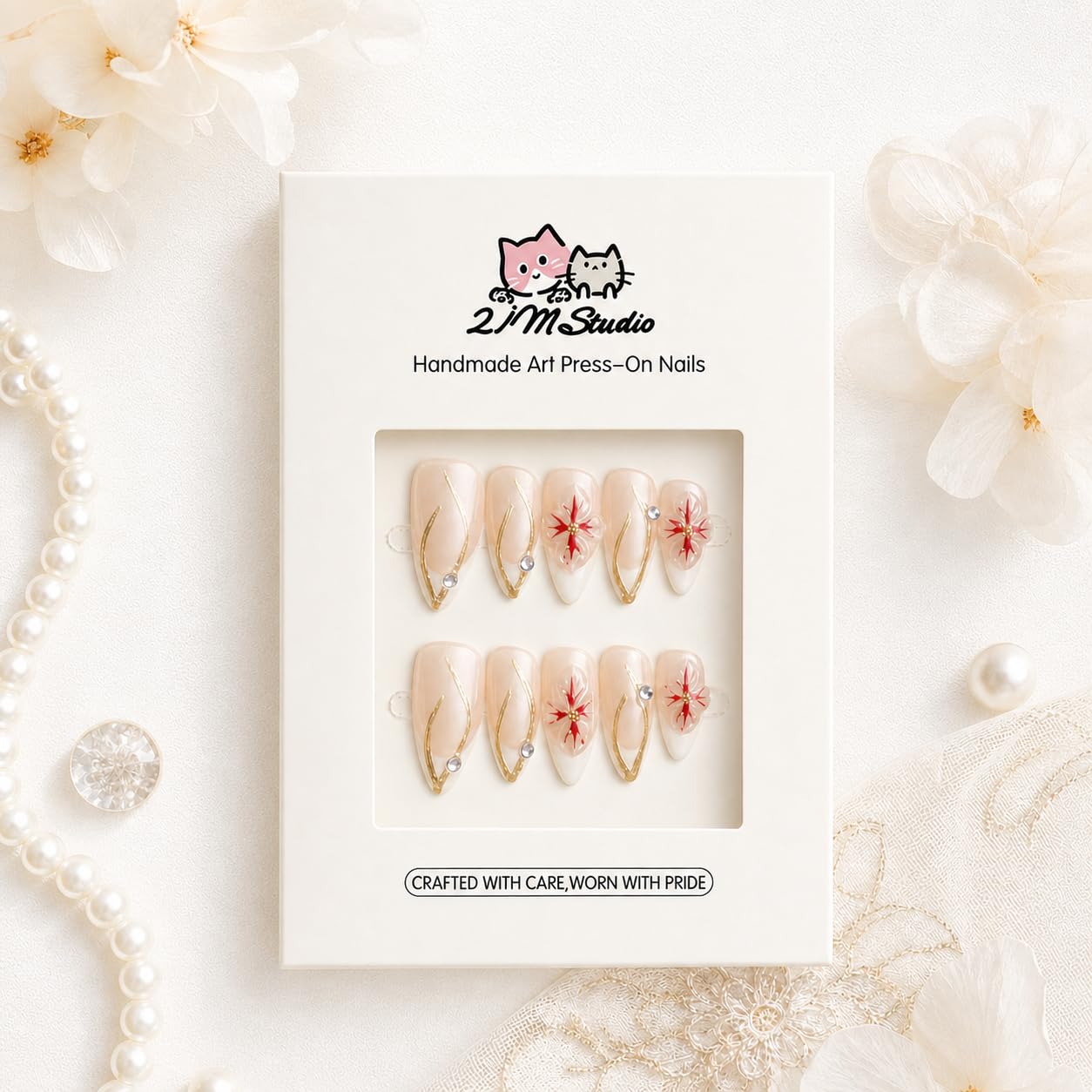 2IM Studio Handmade Press On Nails, Elegant Nude 3D Floral French Tip with Pearl Rhinestones, Almond Medium Length Full Cover Thick Reusable Acrylic Nail Kit for Women 10PCS (Golden Peony-M)